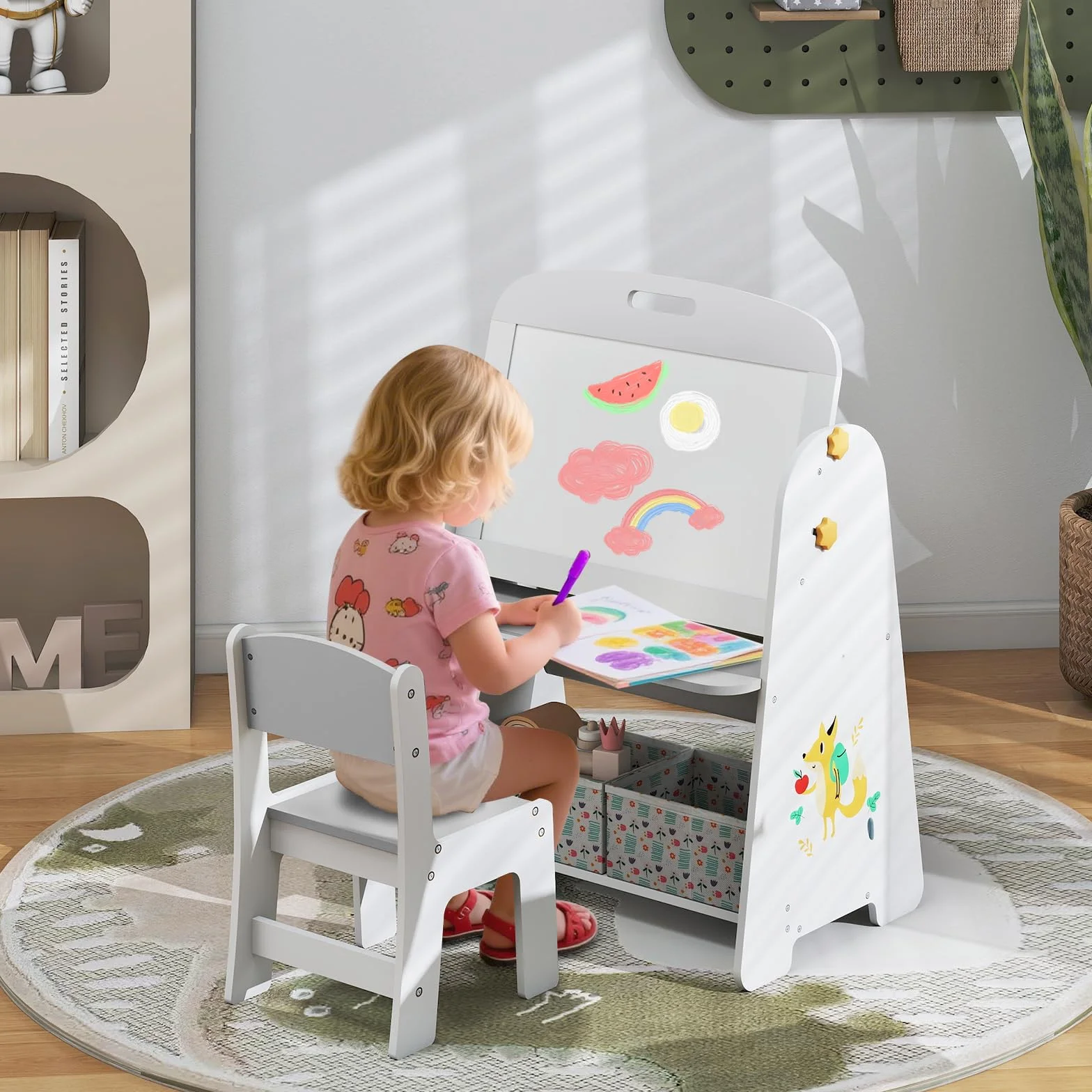 HOMASIS 4 in 1 Set di Tavolo Artistico per Bambini con Sedia, Scrivania, Lavagna Magnetica, Lavagna Nera e Scaffale, Cavalletto Regolabile in Angolo con Gomma e 5 Gessetti (Naturale)