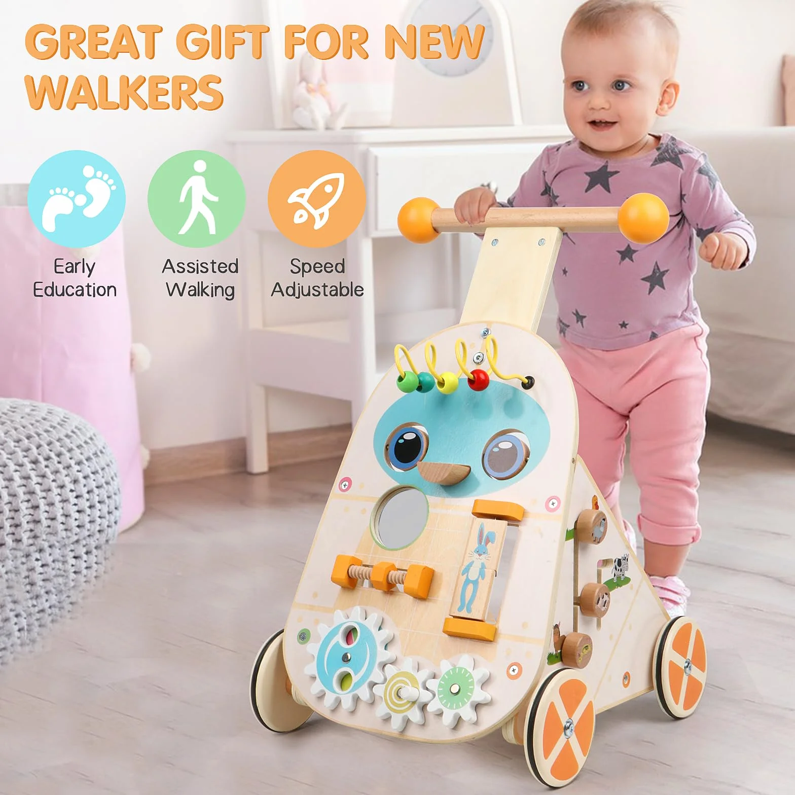 Jacootoys Passeggino di legno per attività, giocattolo per bambini a spinta a velocità regolabile, passeggino di legno da spingere e tirare per bambini, bambine e ragazze di 1, 2 e 3 anni.
