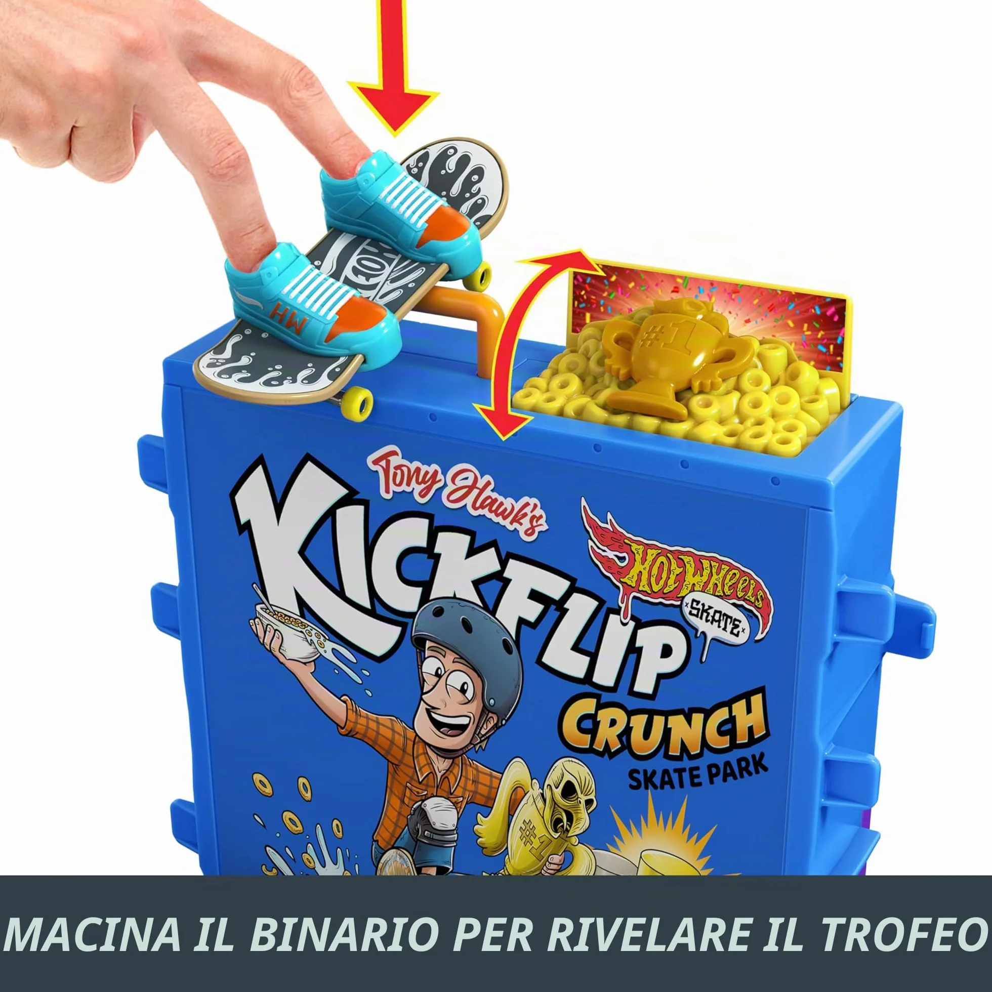 Hot Wheels Skate - Ciotola per Cereali da Skate di Tony Hawk, playset a tema cereali con 1 fingerboard e 1 paio di scarpine da skate removibili inclusi, giocattolo per bambini, 5+ anni, HTP09