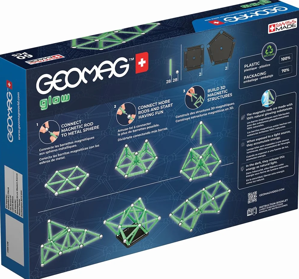 Geomag, Glow Recycled, Costruzioni Magnetiche Effetto Glow, Barrette Magnetiche che si Illuminano al Buio, Confezione da 60 Pezzi, Plastica 100% Riciclata