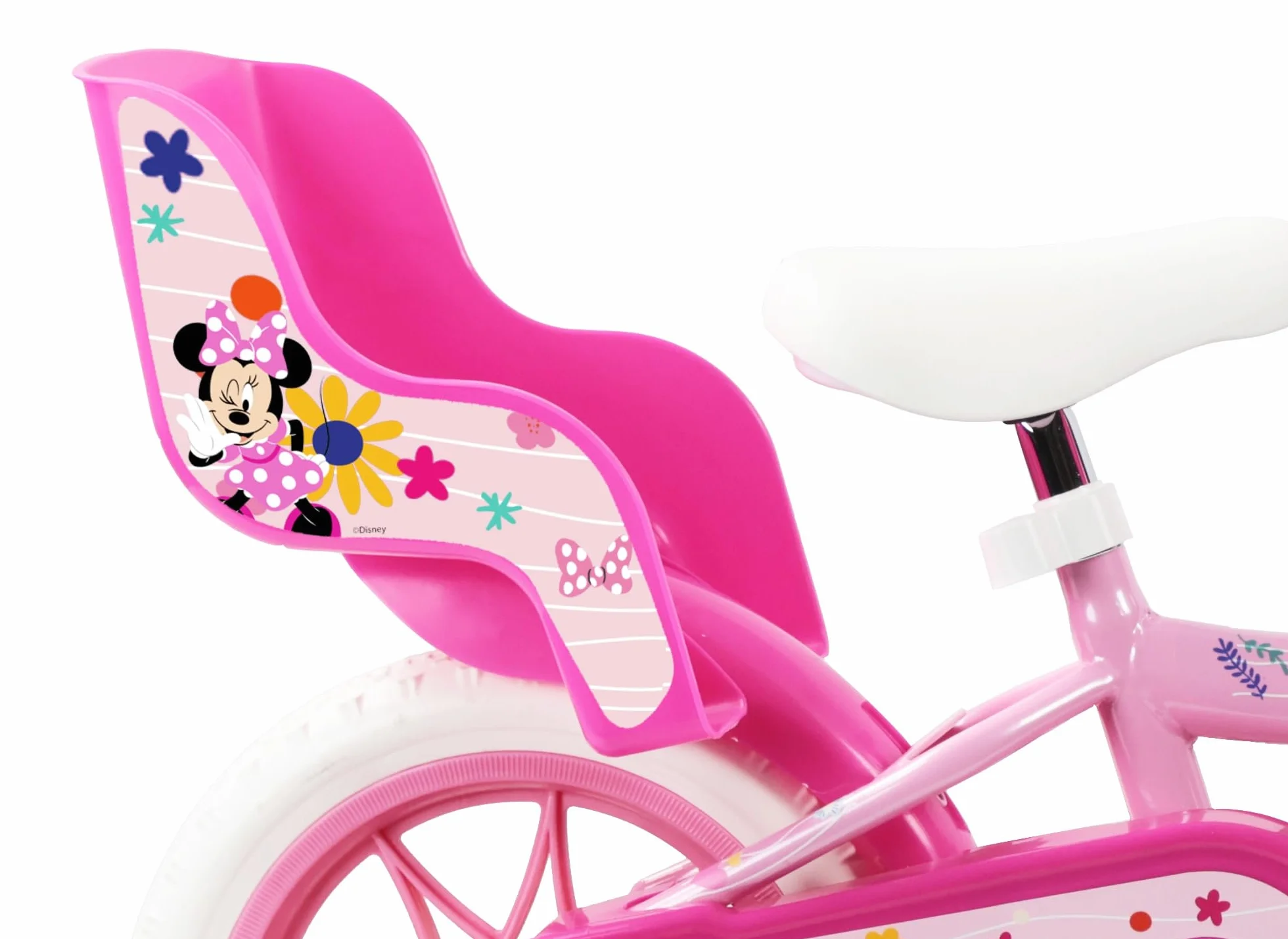 Disney Bicicletta da bambino 12' Minnie dotata di 1 freno, cestino anteriore, porta bambola posteriore, parafanghi, carter e stabilizzatori rimovibili senza attrezzi.