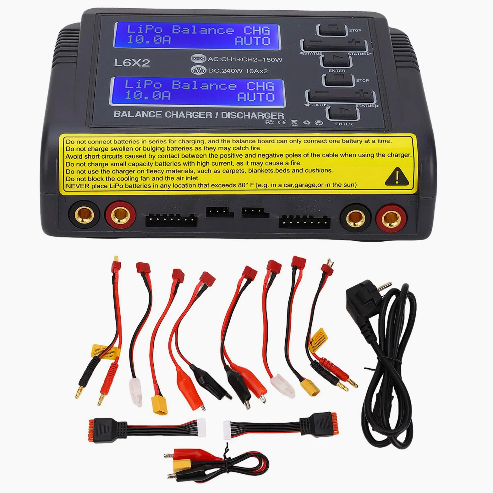 Drfeify Caricabatterie Lipo Doppio Canale 150W per Aeromodelli RC (Spina | 2 Circuiti Indipendenti, Compatibile con LiPo/LiFe/NiMH, Ingresso AC/DC, Involucro Ignifugo, Raffreddamento a ventola.