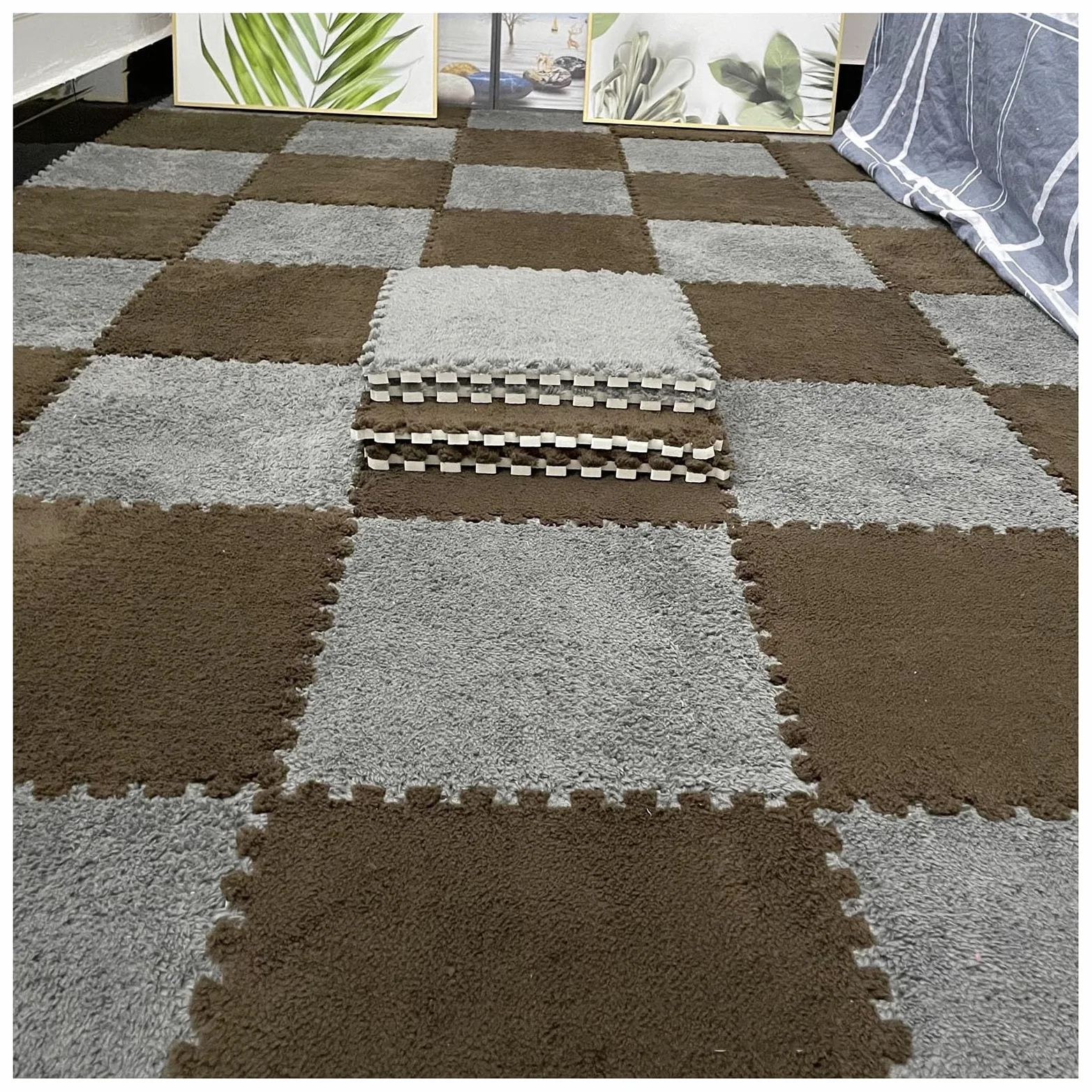 Splice Interlocking Carpet 16 Pezzi Tappetino in Schiuma Patchwork di Peluche, Tappetino in Peluche Quadrato Puzzle, Tappeto in Schiuma Antiscivolo,Dark Curry+Grey-0.6cm