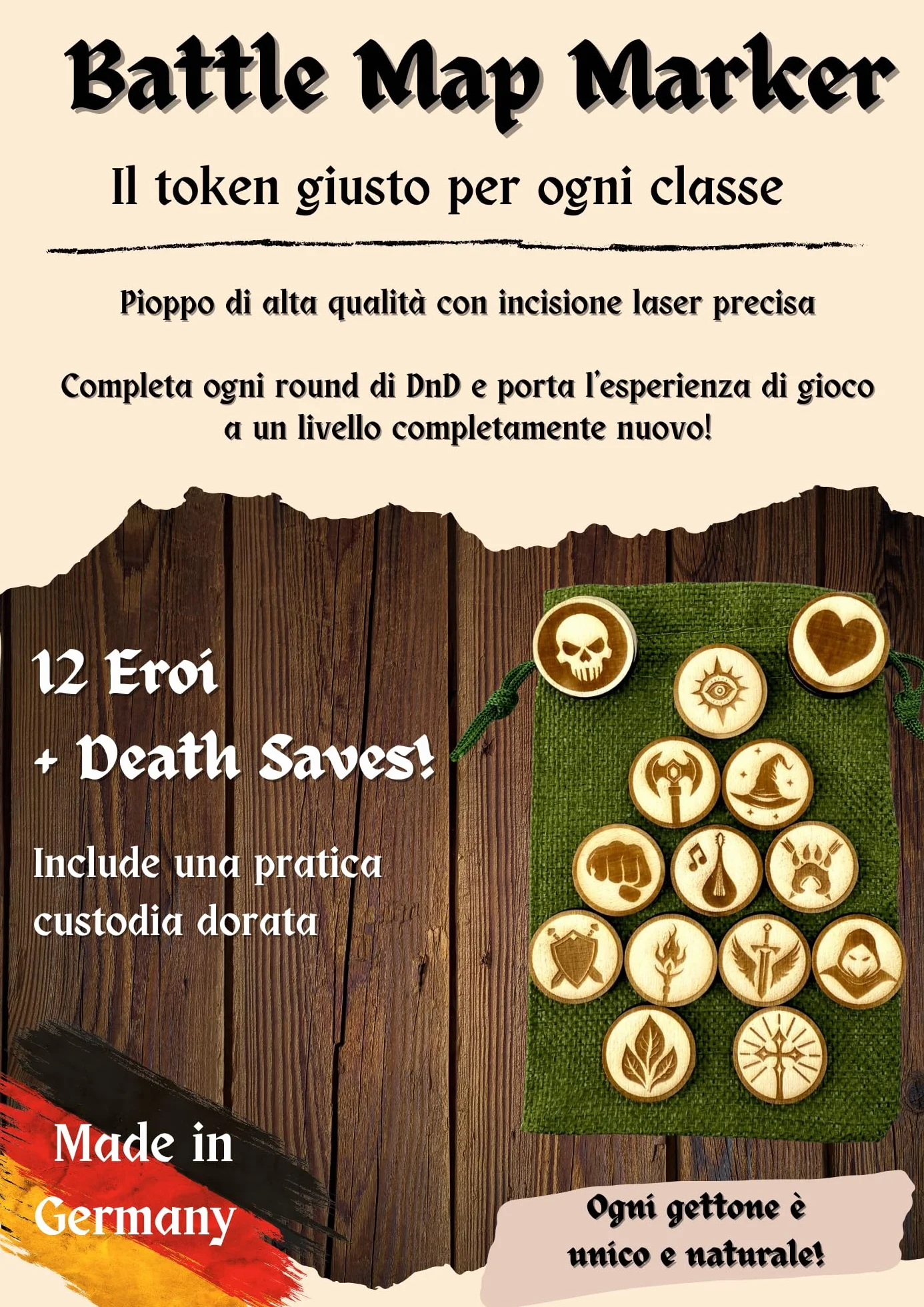 Token DND per Eroi in Legno incisi al Laser – 18 pennarelli Battlemap per Tutte Le Classi & Death Saves – Dungeons And Dragons Tablet op Accessori