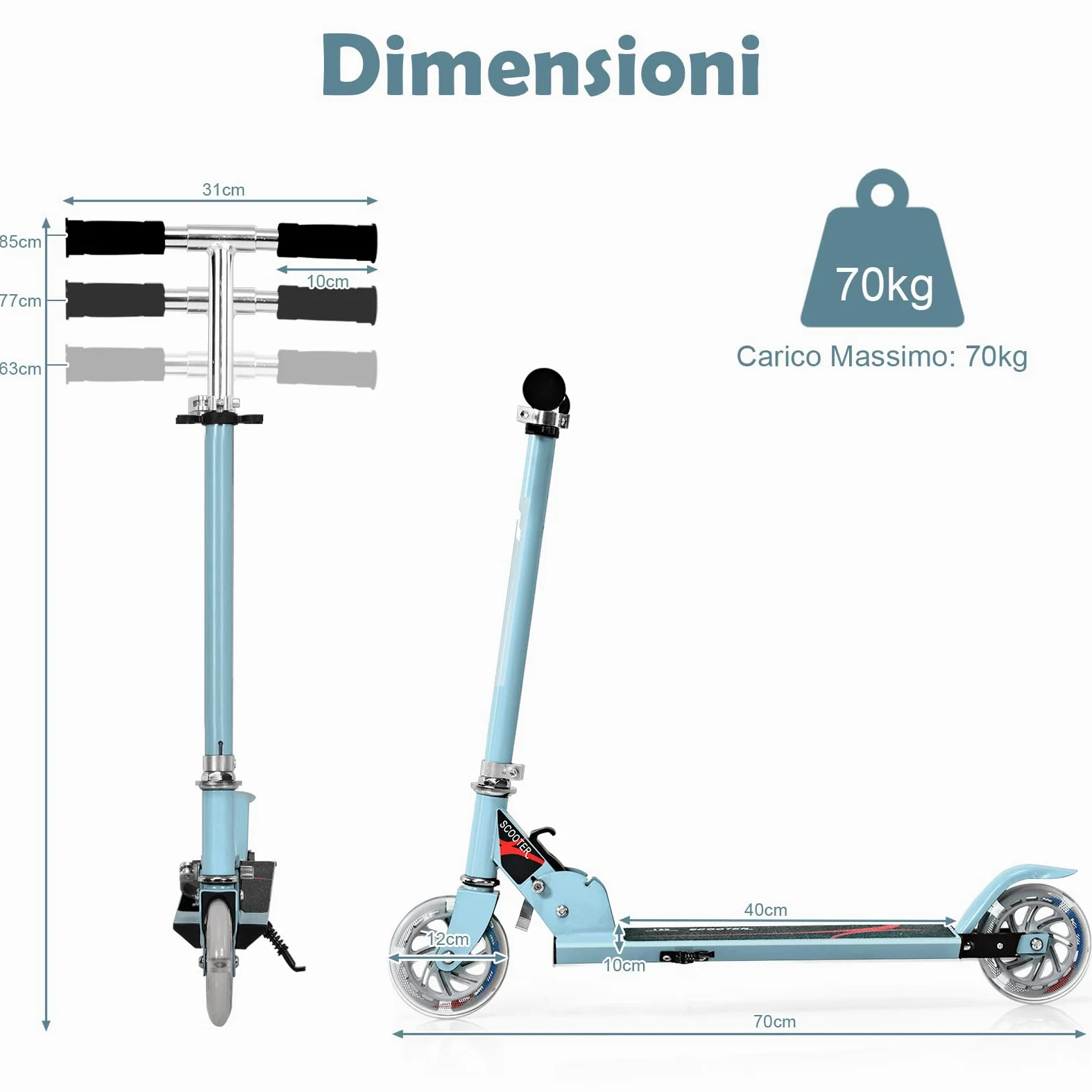 GOPLUS Monopattino Pieghevole a 2 Ruote Luminose Scotter Altezza Regolabile a 3 Livelli per Bambini 4-13 Anni, Alluminio, 70kg (Azzurro)