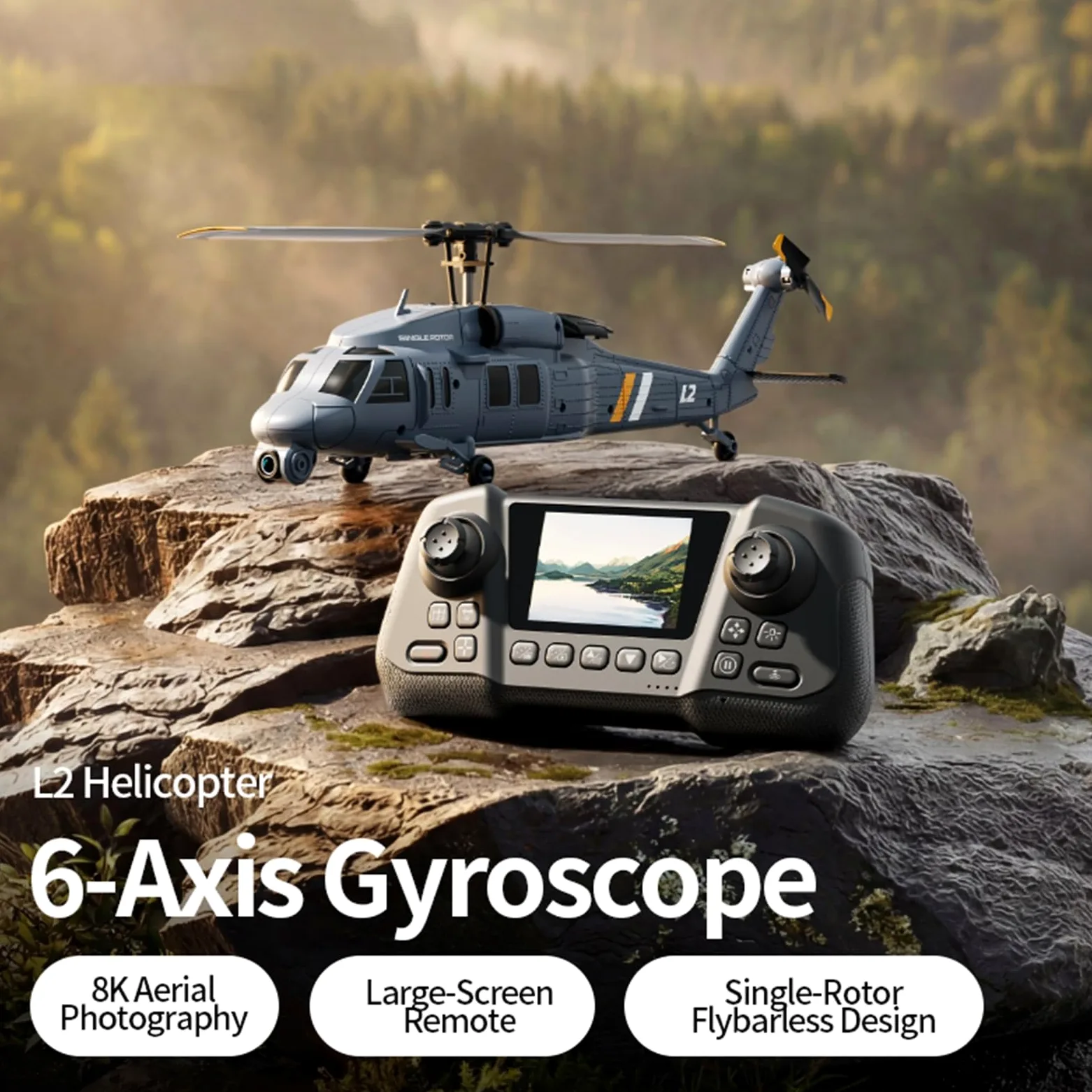 Elicottero RC L2 senza alettoni 6 canali localizzazione tramite flusso ottico volo invertito con un solo tasto telecamera 8K e schermo integrato telecomando 2 batterie
