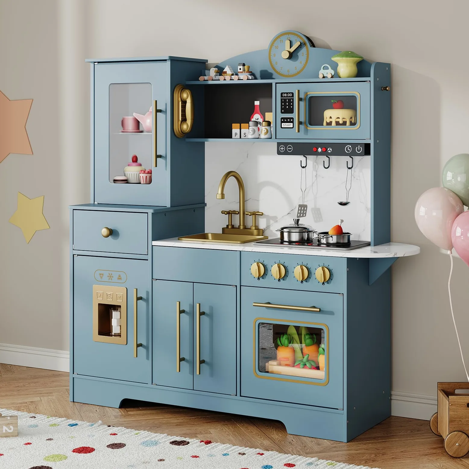 Cucina Giocattolo per Bambini in Legno con Interattiva LED, Cucina Bambini con Telefono, Orologio, Microonde, Piano a Induzione, Macchina del Ghiaccio, per Bambini da 3 Anni in Su, Blu