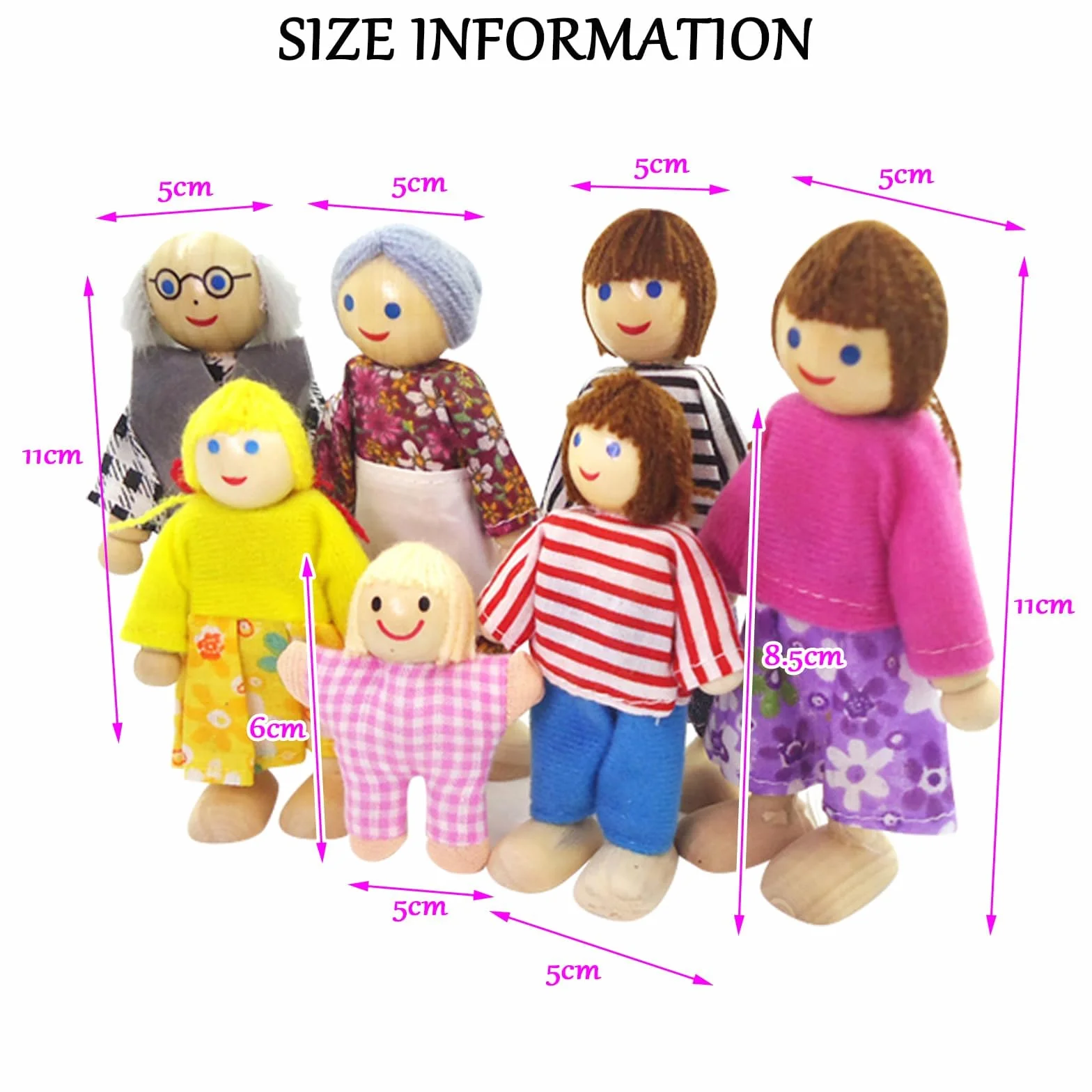 BDSHUNBF Casa delle bambole in Legno, Set di 7 Persone, Famiglia Bambole, Set Famiglia di Persone, Happy Family Dolls per Casa Bambole Legno Accessori Regalo