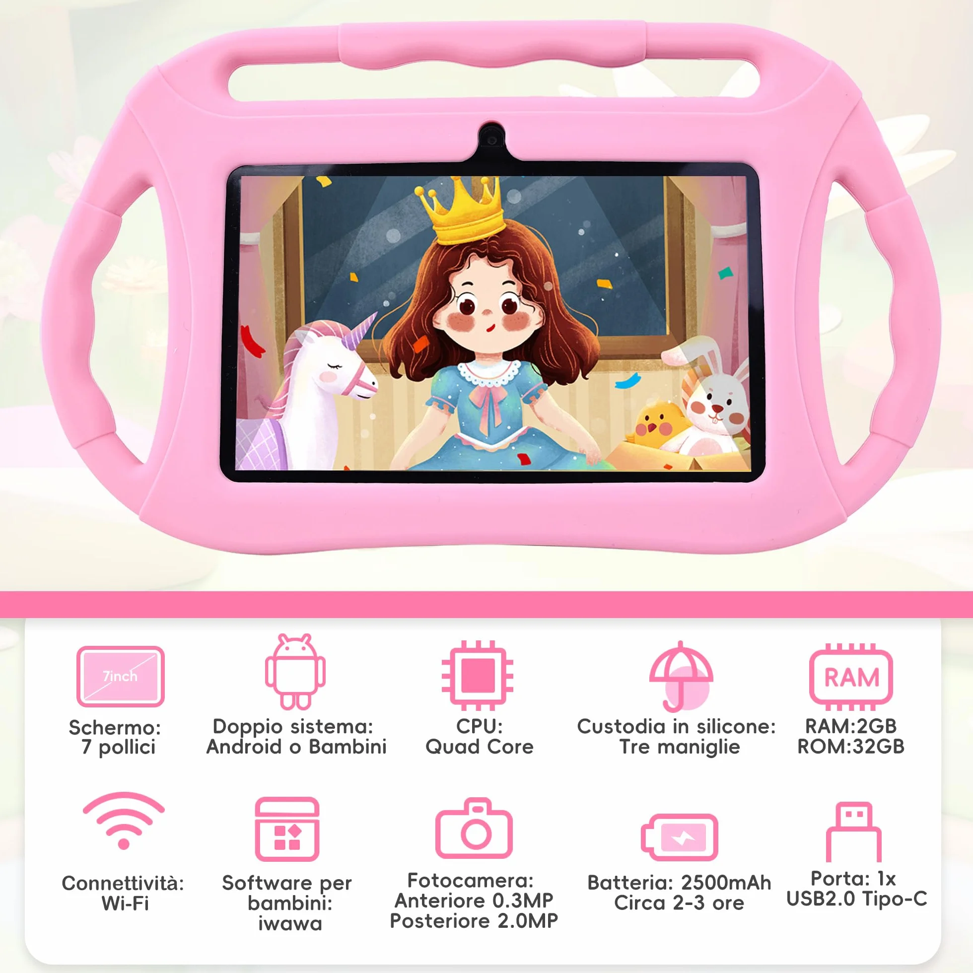 Veidoo Tablet per bambini da 7 pollici, tablet Android, 2GB RAM 32GB ROM, WiFi, schermo HD, applicazioni preinstallate con controllo parentale, giochi, tablet educativo, Rosa