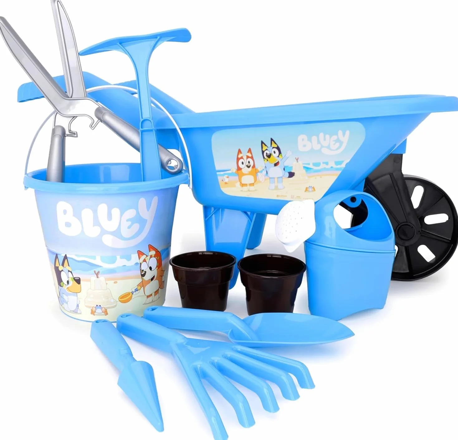Toyland® Set da Giardinaggio Bluey da 10 Pezzi per Bambini - carriola, annaffiatoio, vasi per Piante, Attrezzi e Altro - Set da Gioco da Giardino per Esterni - età 2+