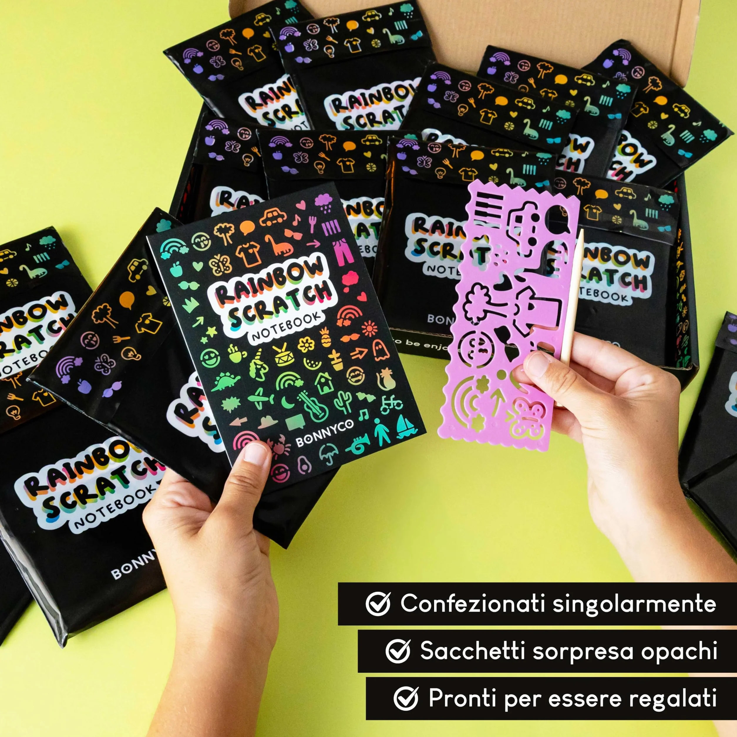BONNYCO Scratch Art Bambini, 16 Set con Quaderno da Grattare, Stencil e Penna in Legno