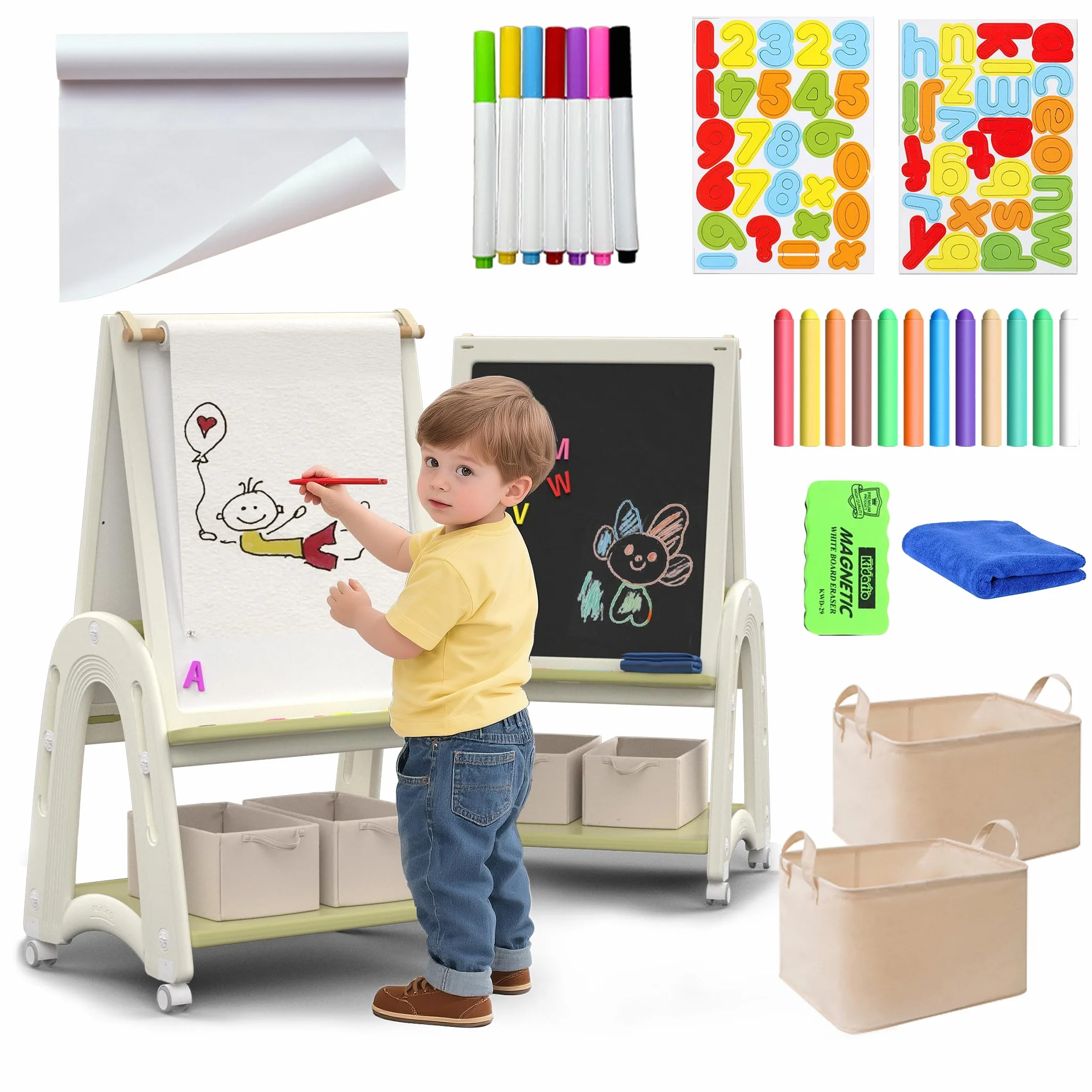Cavalletto Artistico 3-in-1 per Bambini con Rotolo di Carta, Lavagna, Altezza Regolabile, Verde