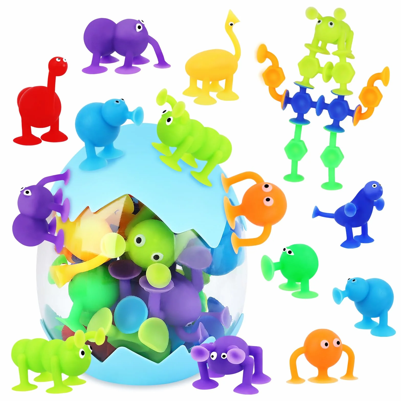 27Pcs Giochi Bagnetto Neonato, Giocattoli Ventosa Bambini Giocattoli Sensoriali Ventose in Silicone Suction Cup Toys, Sucker Toy per Bambini con Organizzatore, Giocattolo Sensoriale Montessor
