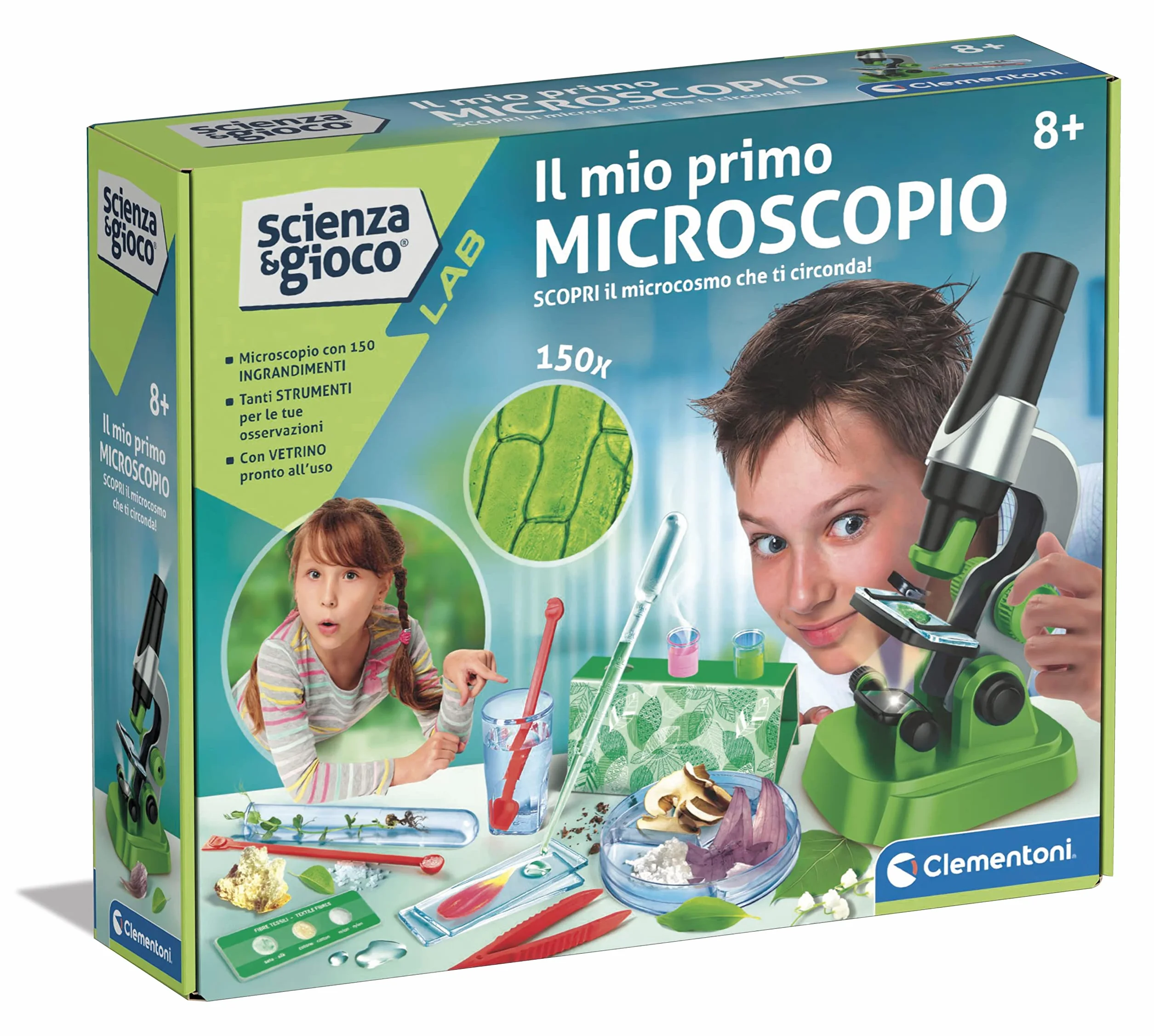 Clementoni - 19347 - Scienza E Gioco Lab - Il Mio Primo Microscopio - Laboratorio Microscopio Ottico 150X, Esperimenti Scientifici per Bambini dagli 8 Anni (Gioco in Italiano), Made in Italy