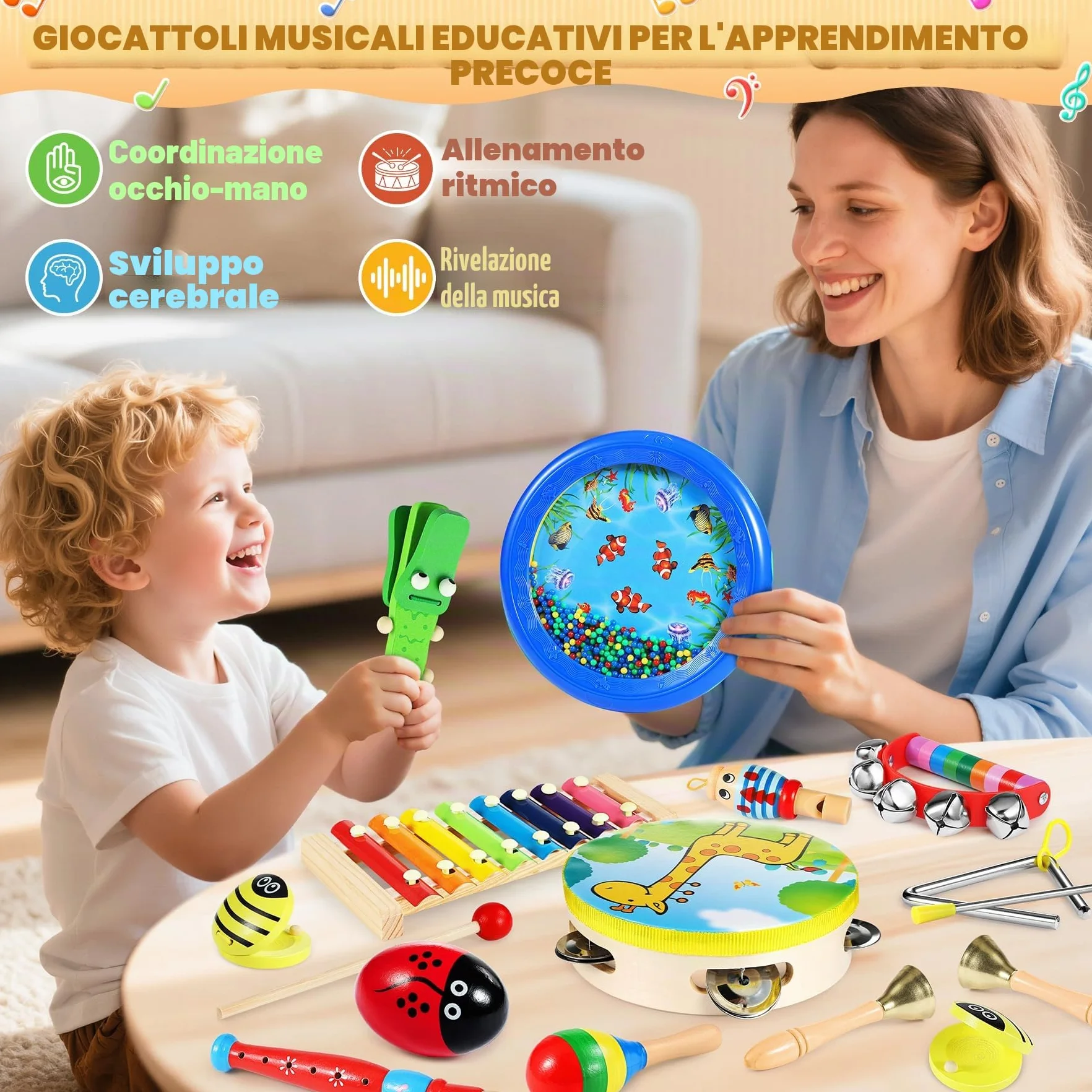 Strumenti Musicali, 24 Pezzi Percussioni con Borsa, Tamburo Perline Oceaniche, Compleanni Musicali, Creativi ed Educativi e Regali di Natale per Bambini 3+