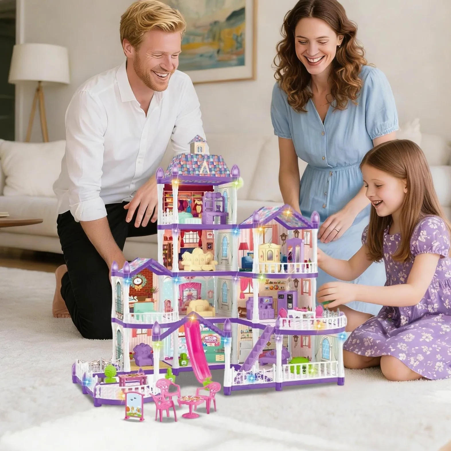 Casa Di Bambole Per Bambine 4 Piani 13 Stanze Da Montare Miniatura | Villa Giocattolo Con 3 Principesse, 2 Cuccioli e Arredamento Per Bambini 4-6 di Ruolo Regalo Natale