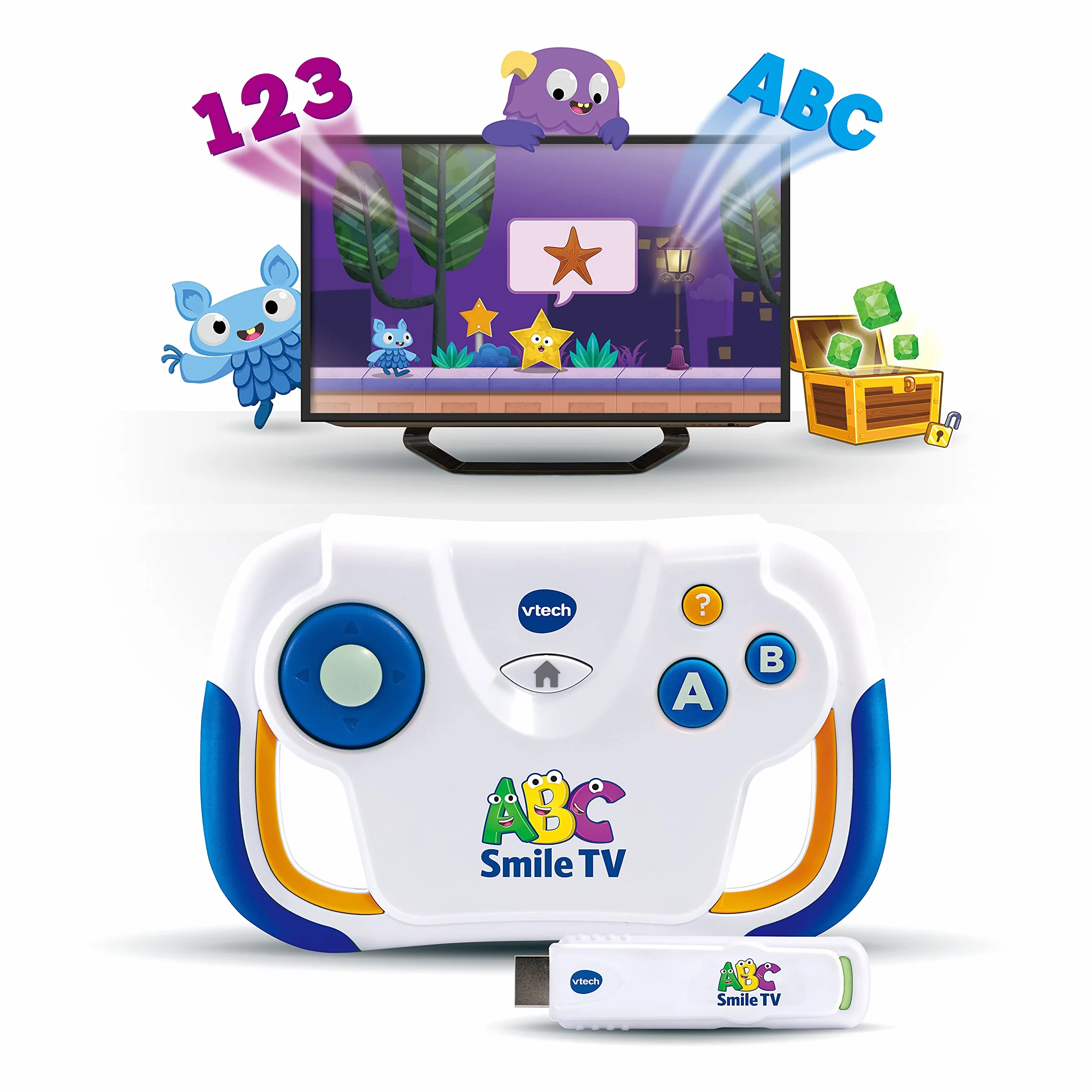 VTech ABC Smile TV - Console di apprendimento wireless con chiavetta HDMI per TV con 15 livelli di gioco per ore di apprendimento - Per bambini dai 3 ai 7 anni