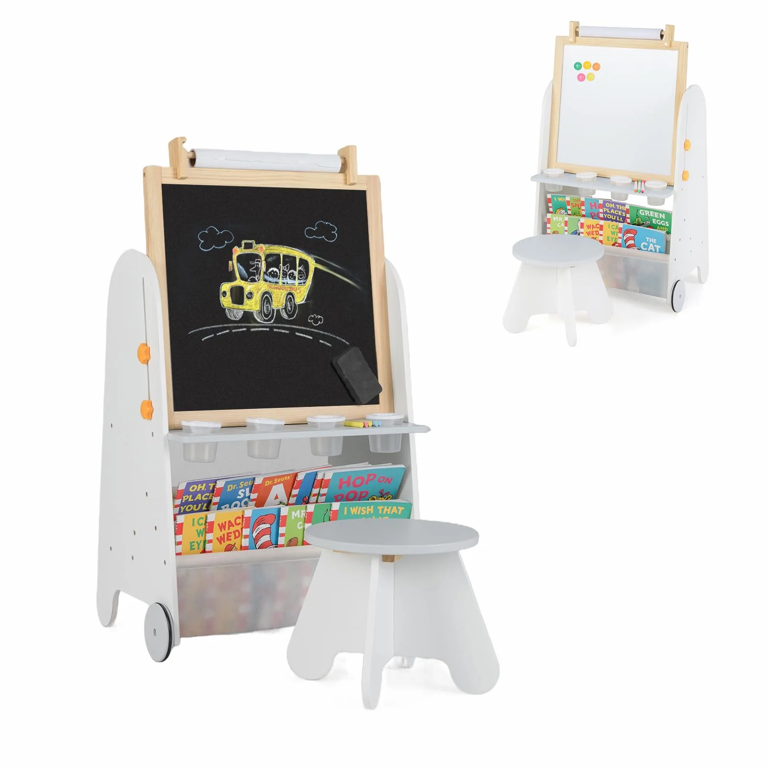 RELAX4LIFE Lavagna 4-in-1 con Sgabello, Lavagna Altezza Regolabile con Ruote, a Gesso, Bianca Magnetico, Ampia Piani di Lavoro & Rotolo di Carta, Regalo per Bambini da 3 Anni in Su