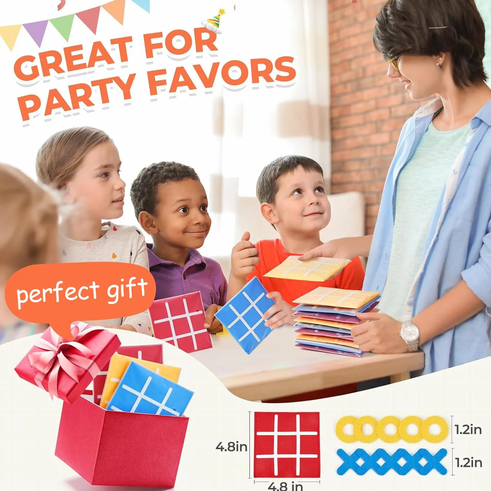 6 Pezzi Giochi Tris in Feltro 12x12 cm, Set Tic Tac Toe Portatile per Bambini, Gioco da Viaggio per Feste Compleanno Scuola (Rosso, Giallo, Blu)