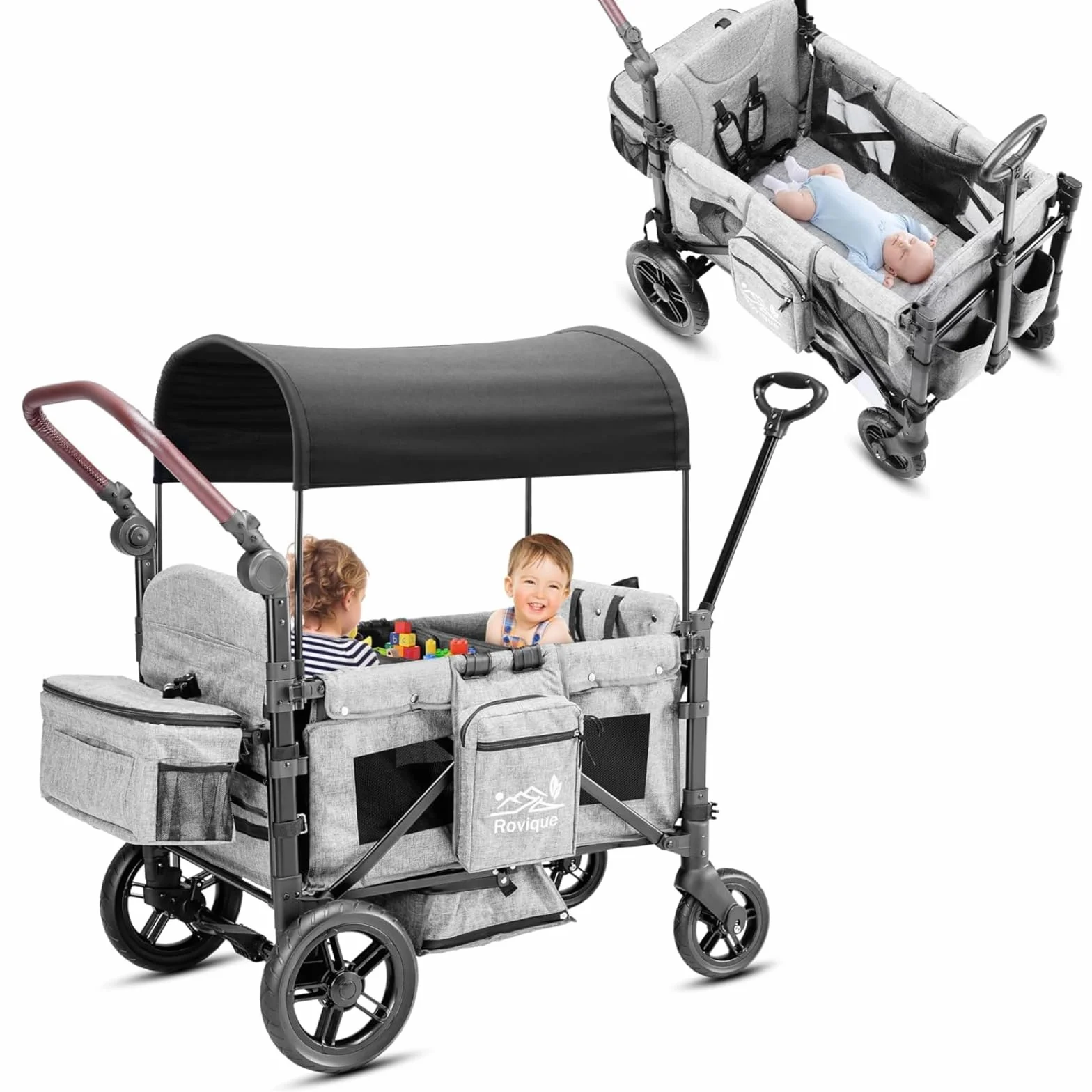 Carrello pieghevole con tetto, carrello di alta qualità per 2 bambini, passeggino doppio con tetto, vassoio snack, cintura a 5 punti, ruote in poliuretano per fuoristrada, carrello