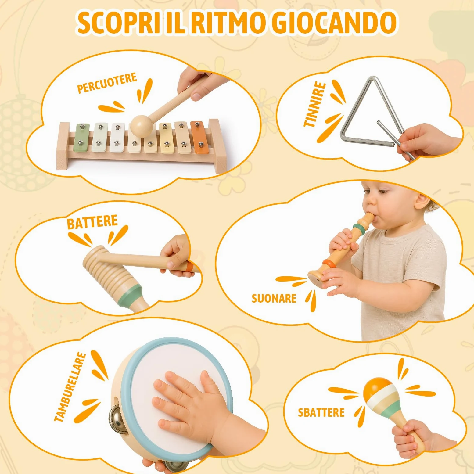 Strumenti Musicali Bambini, Giochi Montessori Sensoriale in Legno, Tamburo Bambino Xilofono Maracas, Tambourine Percussioni Giochi Bambini, Natale e Compleanno Regalo Bambino 1 2 3 Anno