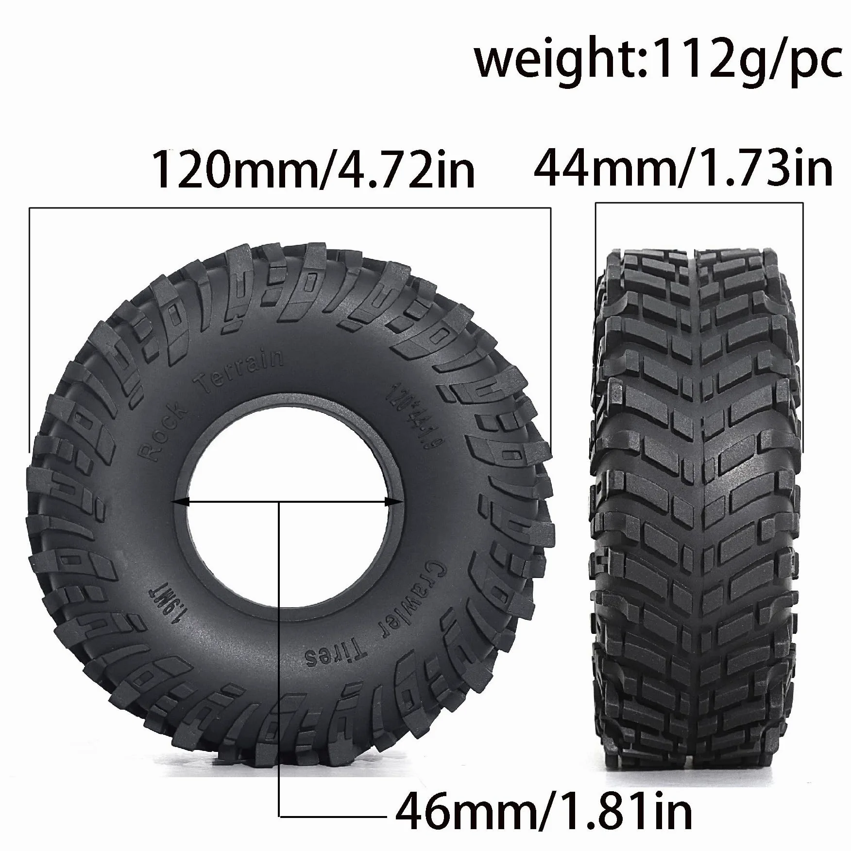 KINGCOO Pneumatici per auto RC, 4 pezzi, in gomma da 1,9 pollici, 120 x 44 mm, per scala 1:10, RC Rock Crawler, parti di aggiornamento per Axial SCX10 D90 TRX4 TRX6 RBX10 Tamiya Gen8 VS4-10 FCX10