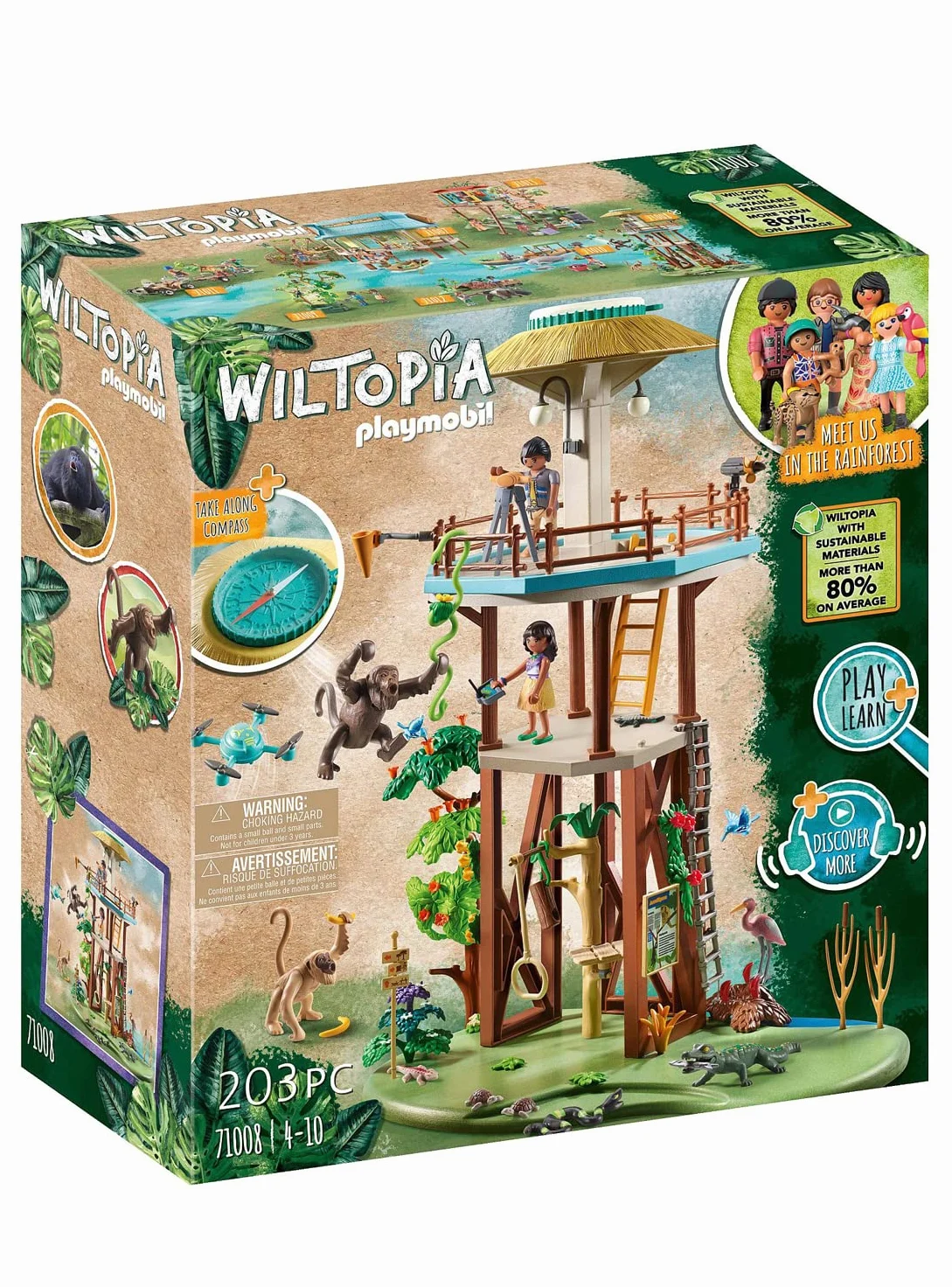 PLAYMOBIL Wiltopia 71008 Centro di osservazione Animali dell'Amazzonia, con Bussola e Animali Giocattolo, Giocattolo Sostenibile per Bambini dai 4 Anni in su