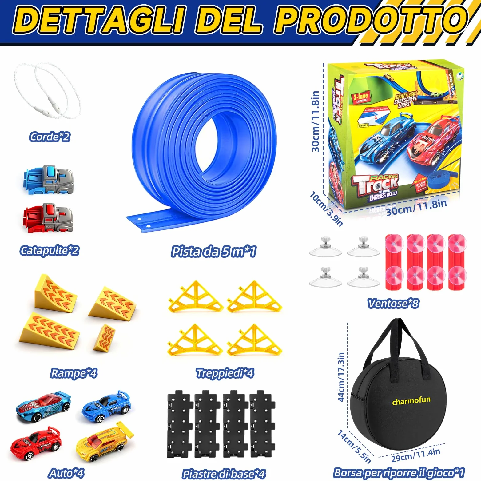 Charmofun Pista Macchinine Flessibile 5M, Giocattolo Piste da Corsa con 4 Auto, Borsa con 4 auto, 2 lanciatori, 8 rampe triangolari e 8 ventose, Portatile Pista per Bambini 3+ Anni (Blu)