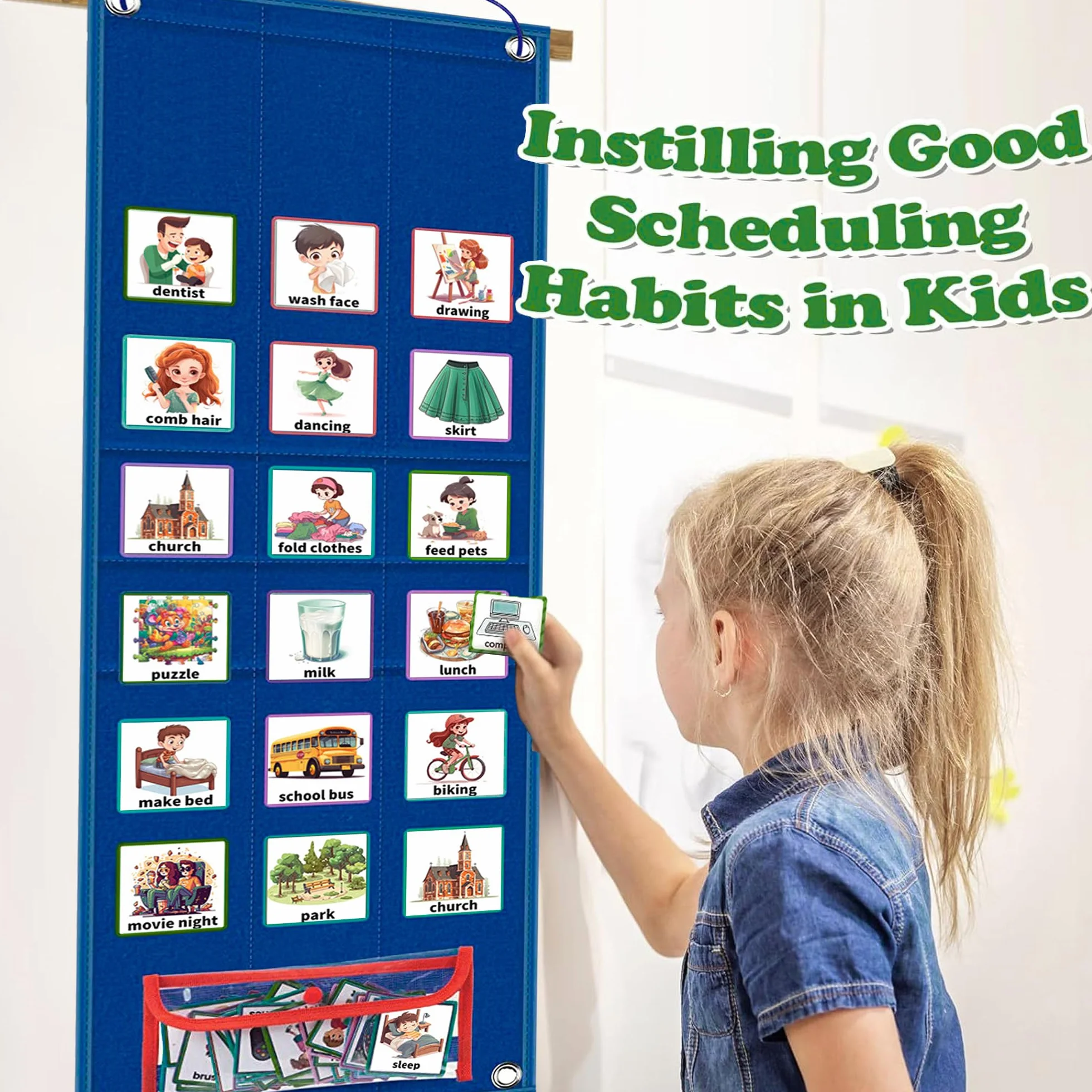 Orario Visivo Grafico Giornaliero Routine per Bambini, Routine Piano Bambini Giornaliera con 96 Carte, Agenda Visiva Bambini Autismo Libro, Calendario Didattico Inglese, Scuola Domestica（Blu）
