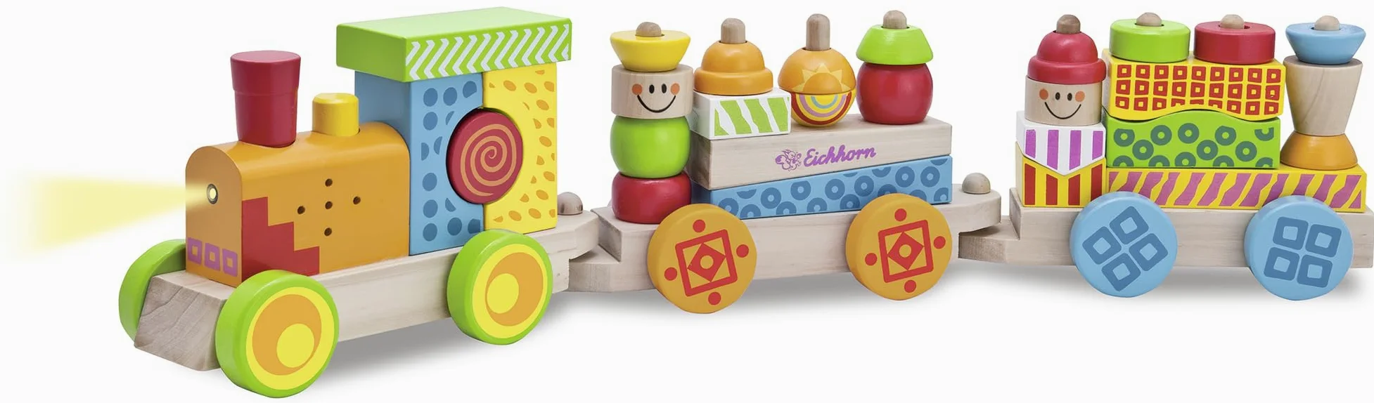 Eichhorn 100002236 - Trenino in Legno Colorato con Luci e Suoni, Completo di Formine Impilabili, 59 cm