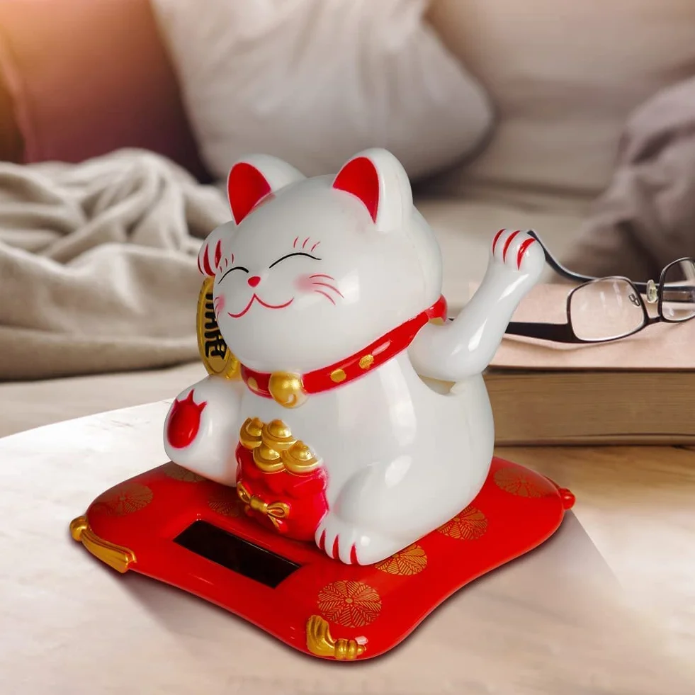Nikou Maneki Neko Fortune Cat Solare Gatto Ricchezza Braccio Ondeggiante Bianca