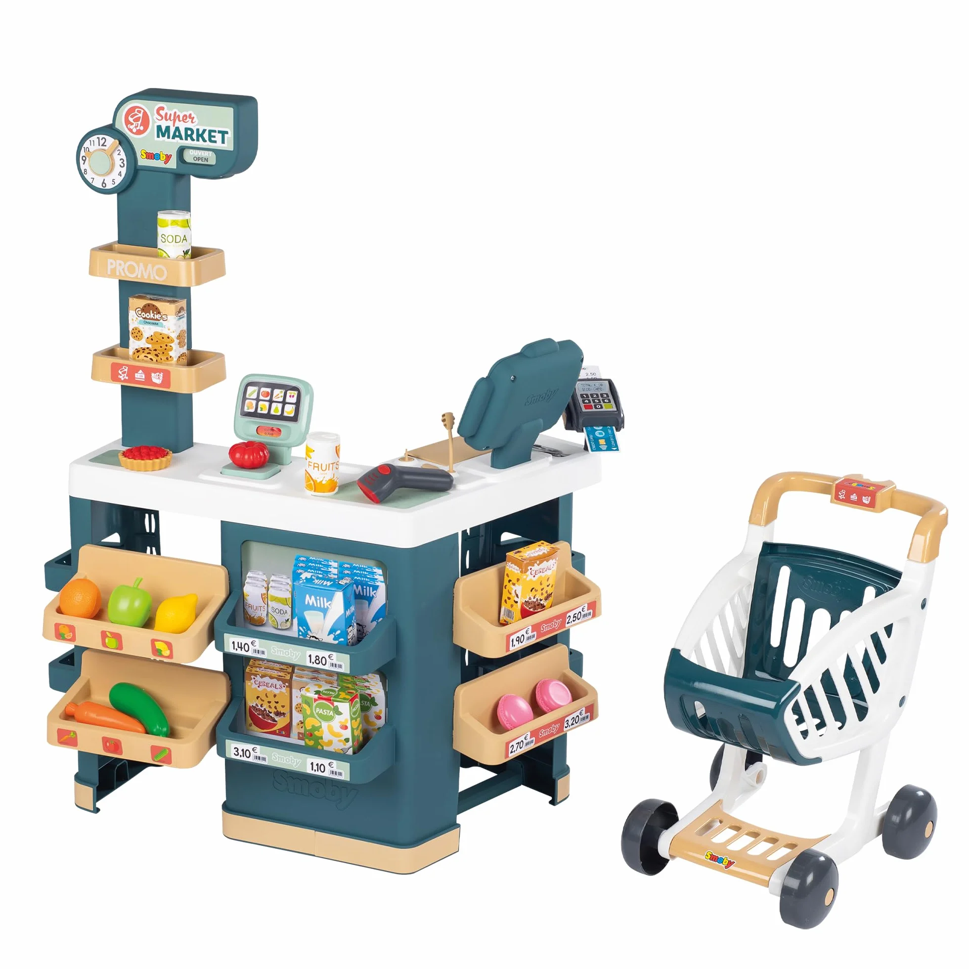 Smoby - Supermercato - Carrello della spesa per bambini - Carrello della spesa incluso - Bilancia meccanica - Funzioni elettroniche - 42 accessori - Dai 3 anni - Prodotto in Francia