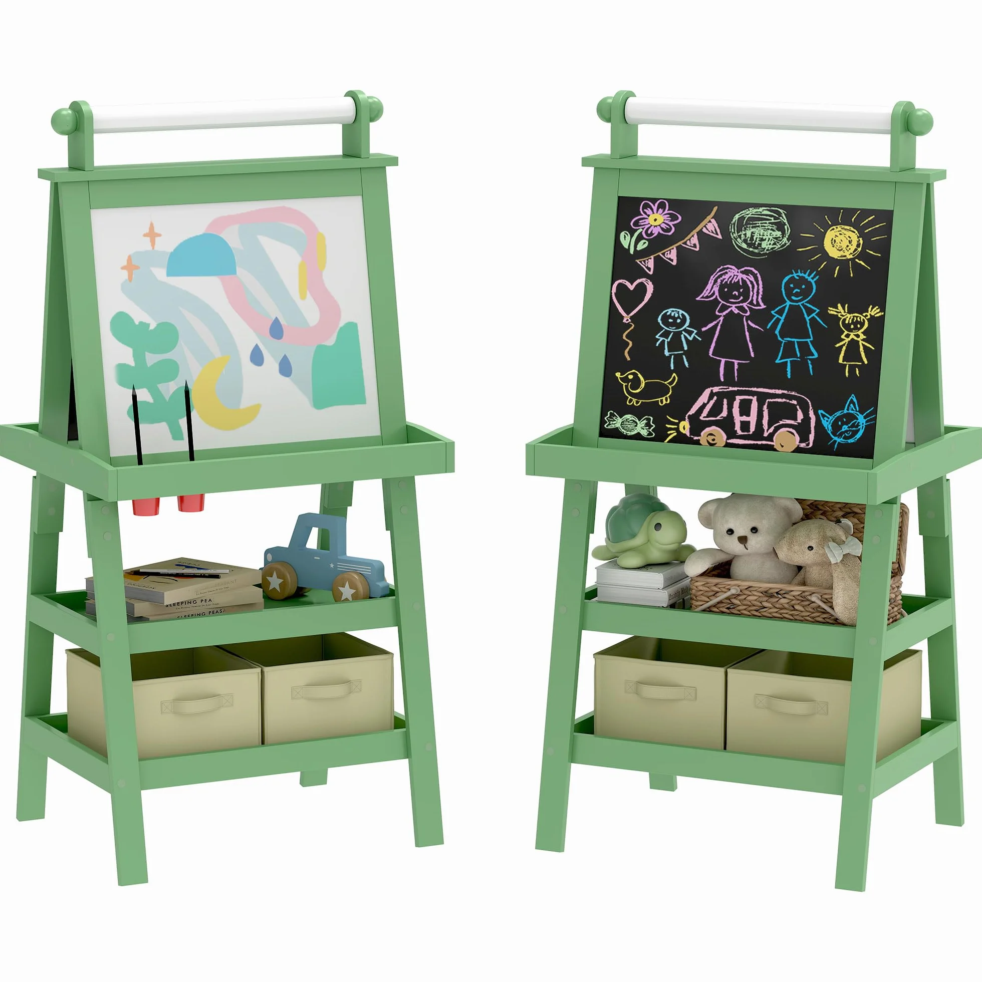 AIYAPLAY Lavagna cavalletto per bambini 3 in 1 lavagna double face bambino con pannello bianco e nero magnetico - rotolo di carta + 2 cestini portaoggetti integrati - 3-6 anni in legno verde