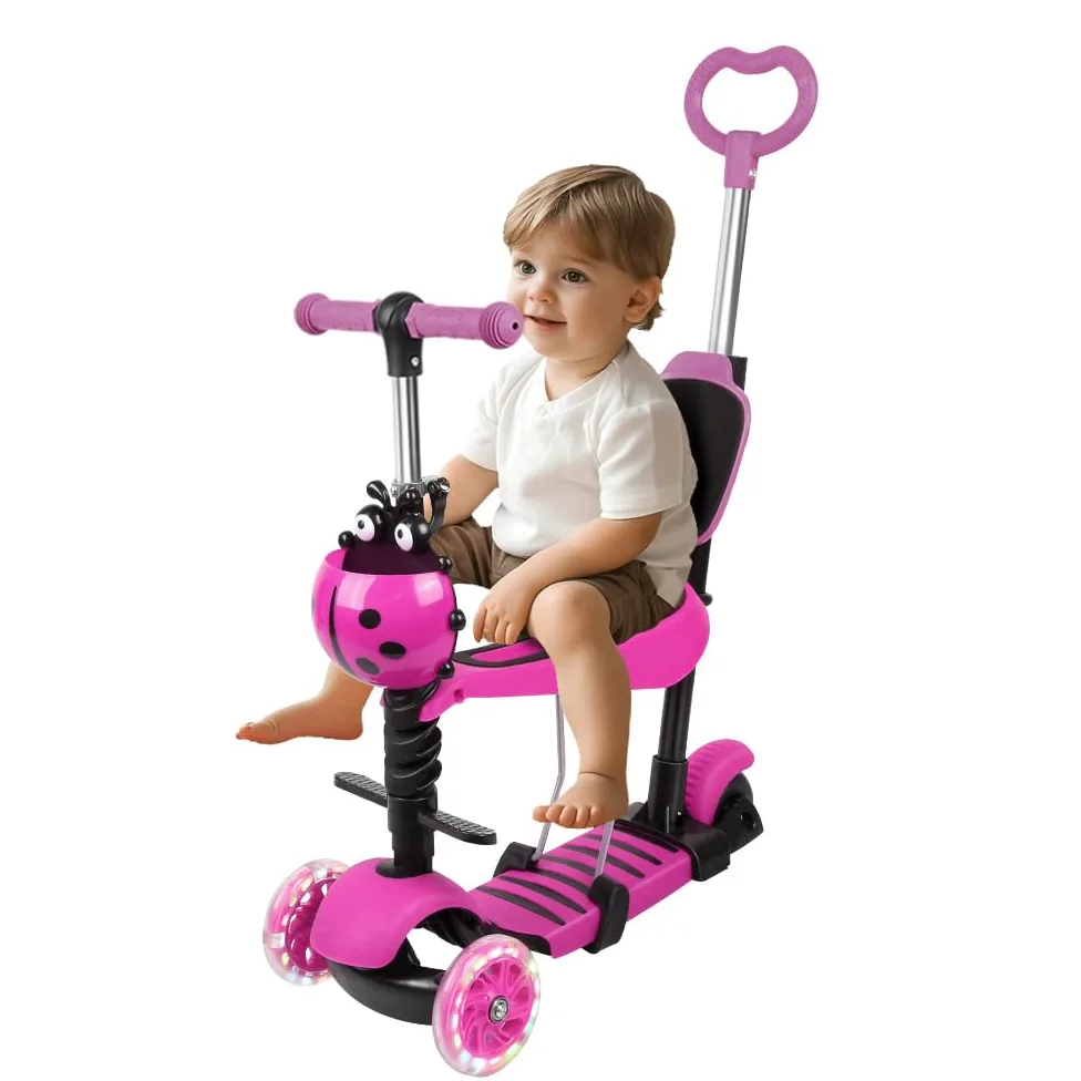 Monopattino per bambini 5 in 1 a partire dai 2 anni fino a 50 kg, con sedile pieghevole e ruote LED, regolabile in altezza, pieghevole, triciciclo scooter per bambini e bambine