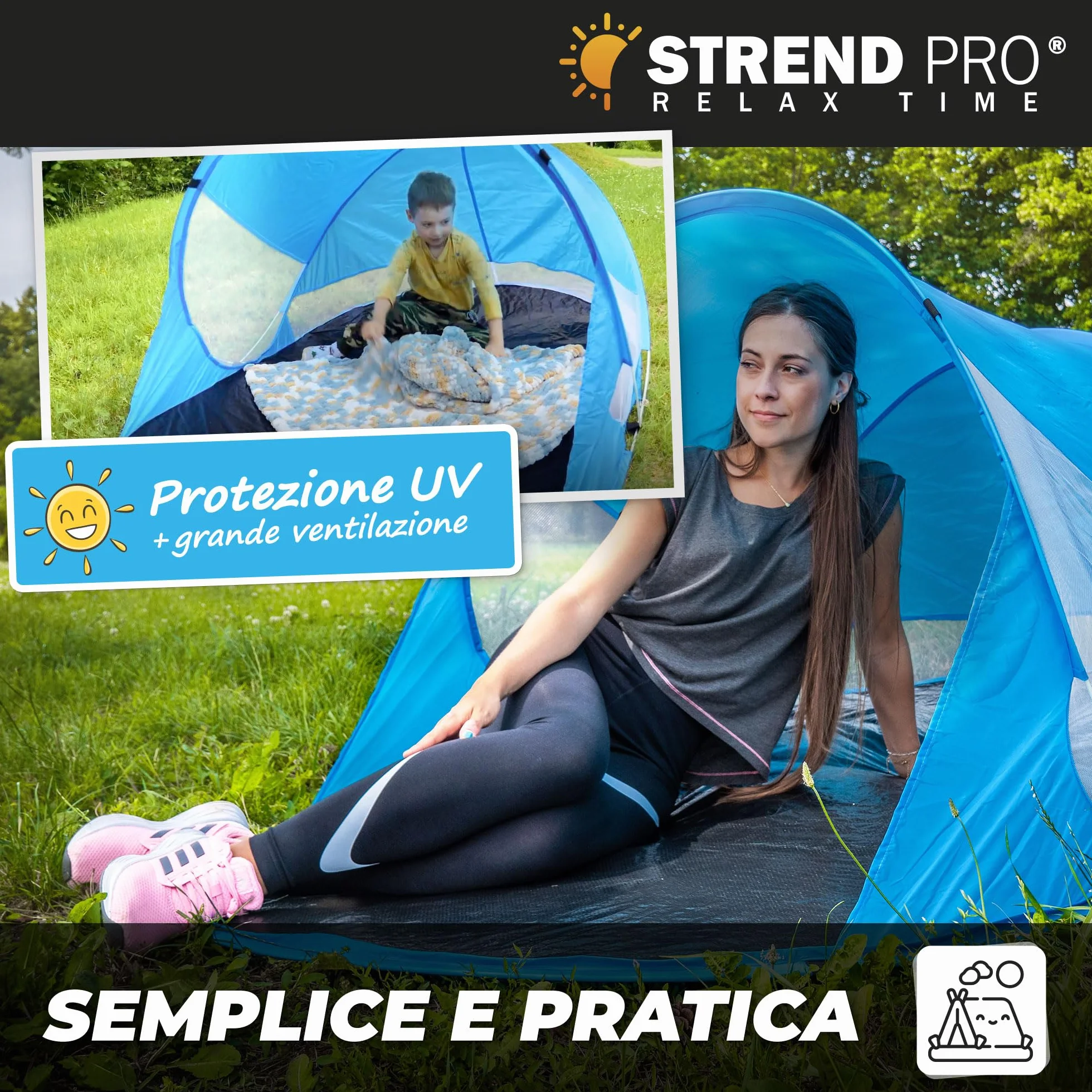 STREND PRO Mini tenda pop-up 190x120x90 cm – Piccola tenda da spiaggia, tenda a lancio con protezione UV, per bambini, giardino, parco e spiaggia