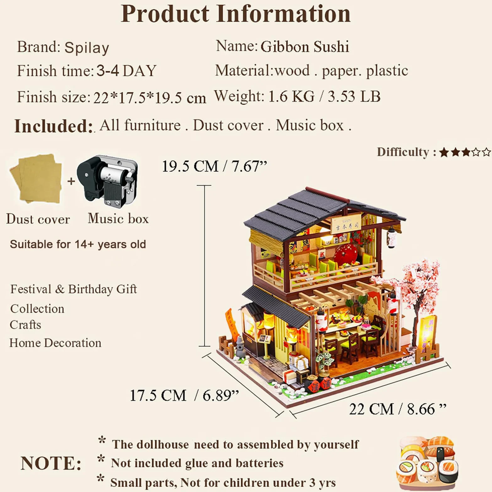 Spilay DIY Dollhouse Miniature with Wooden Furniture,Handmade Japanese Style Home Craft Model Mini Kit with Cover&LED,1:24.