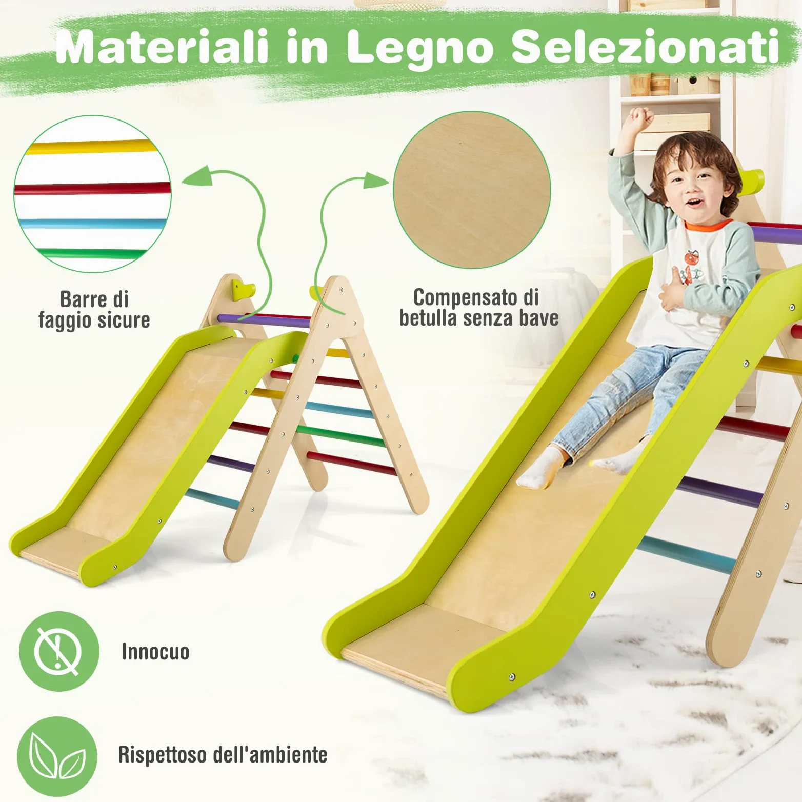 COSTWAY 2 in 1 Set da Arrampicata con Scivolo per Bambini, Triangolo di Arrampicata in Legno Regolabile a Gradi, Giocattolo per Arrampicarsi all’Interno, 1 Anno+ (Colorato)