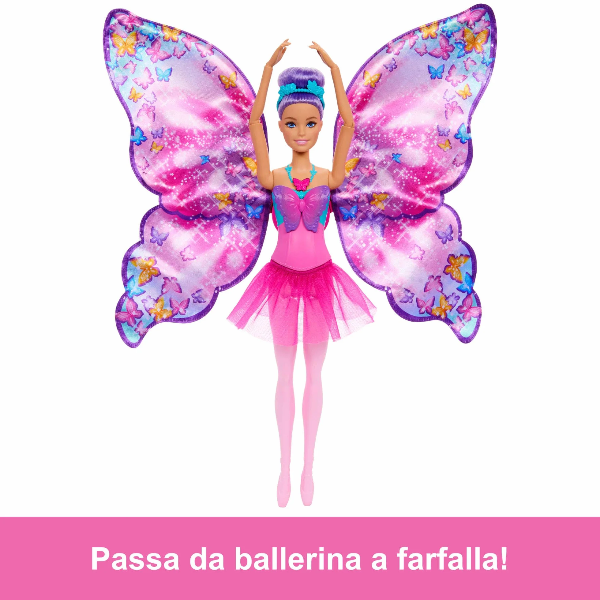 Barbie - Ali Scintillanti, bambola dai capelli viola, trasformazione 2 in 1 da ballerina a farfalla con ali apribili, cerchietto e tutù rimovibile inclusi, giocattolo per bambini, 3+ anni, HXJ10
