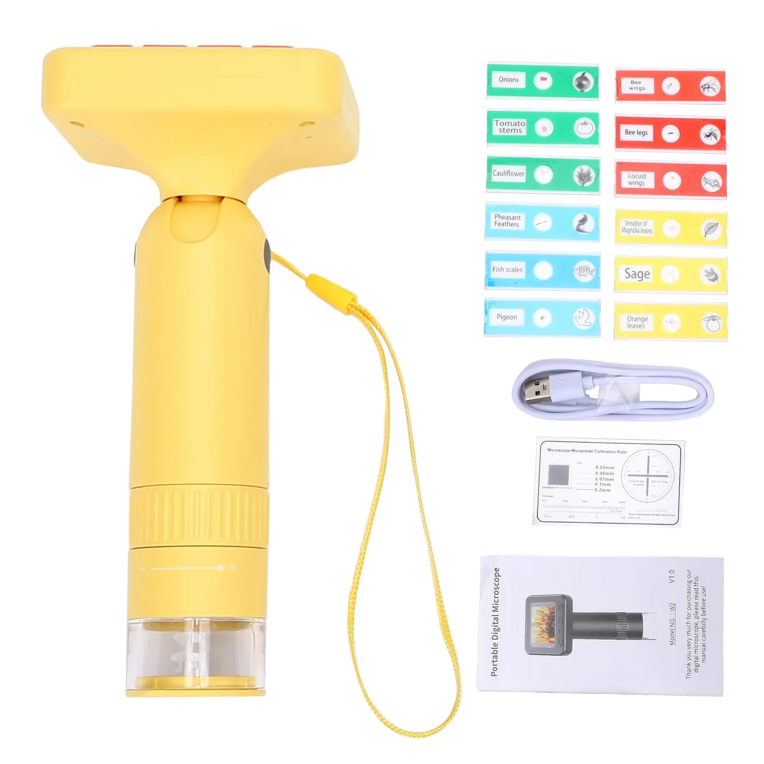 Microscopio Digitale per Bambini 1000X 1080P Portatile Portatile con 12 Diapositive Giocattolo Educativo Scientifico per Bambini (W2 Giallo Senza scheda MicroSD)