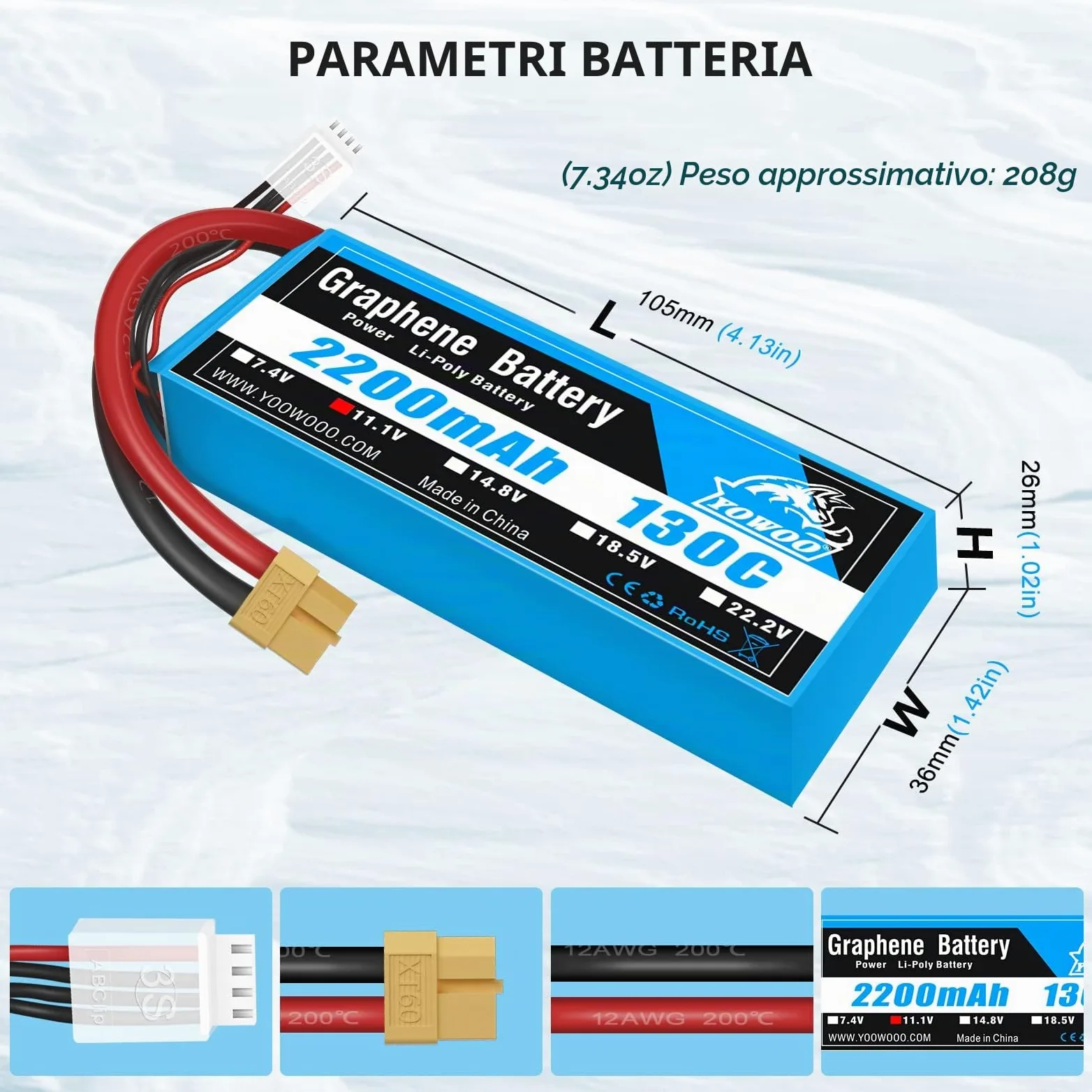 Yowoo 3S LiPo Batteria 2200mAh 11,1V 130C 3S RC Batteria Grafene con connettore XT60 spina per RC Auto Barca Camion Heli Aereo Quadcopter Elicottero Multi-Motore Hobby FAI DA TE (2 Batteria)