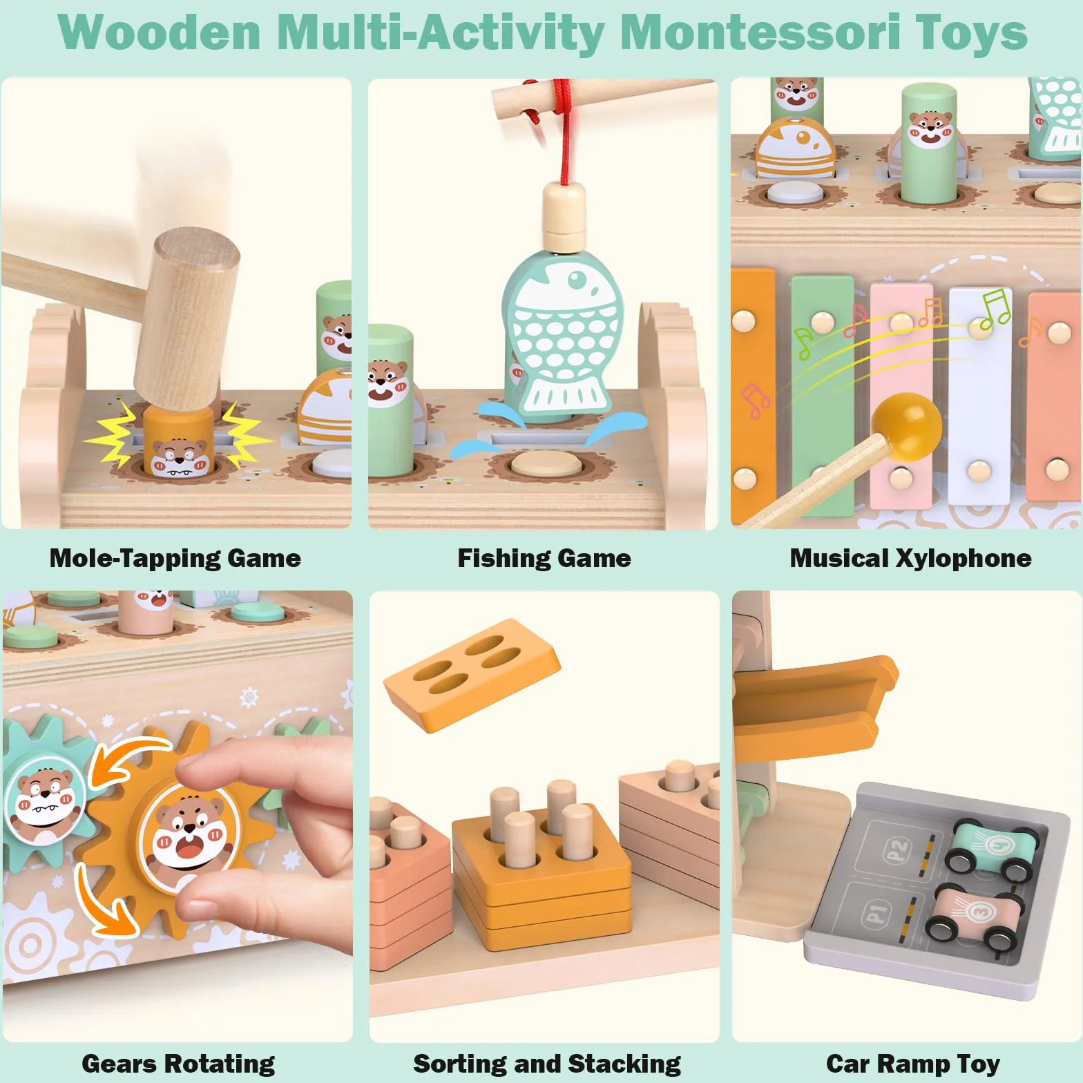 Weilim Giochi Montessori Bambini 1 Anno Legno Cubo Attività Macchinine | Cubo attività 5 lati: xilofono, martello, pesca, ingranaggi, incastri forme e blocchi impilabili. Regalo bimbo 1 anno, EN71