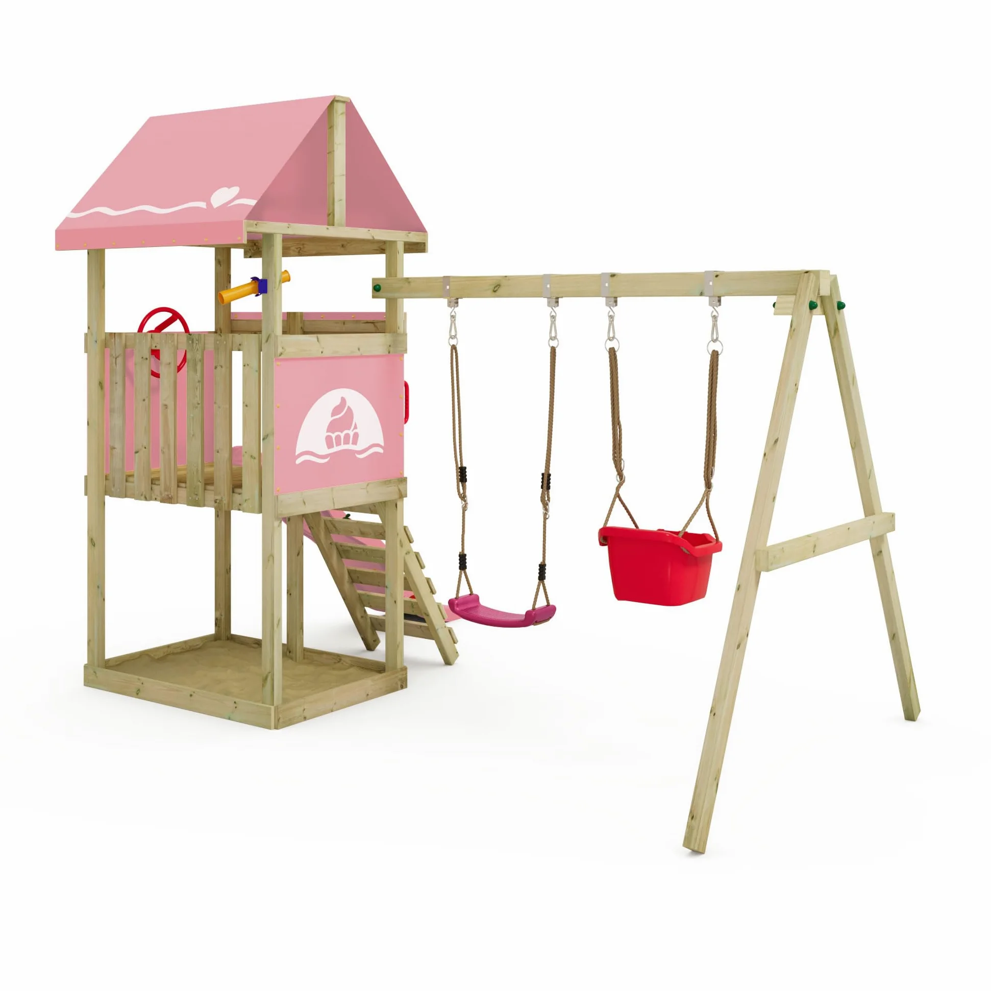 Wickey Parco giochi DinkyHouse con estensione dell'altalena - con scivolo & telone rosa pastello - Torre di arrampicata per bambini per il giardino in legno massiccio - 303x317x247 cm