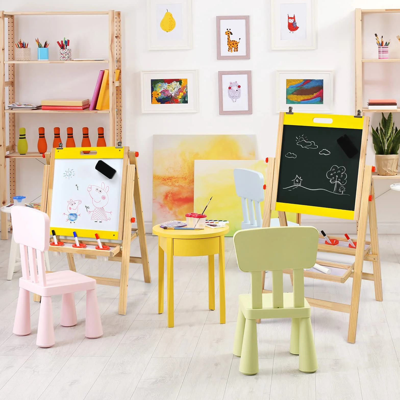 COSTWAY 3 in 1 Lavagna Magnetica per Bambini, Cavalletto da Pittura Pieghevole con Accessori, Altezza Regolabile e Bifacciale, con Vassoio, 50,5x53,5x79-104cm (Giallo)
