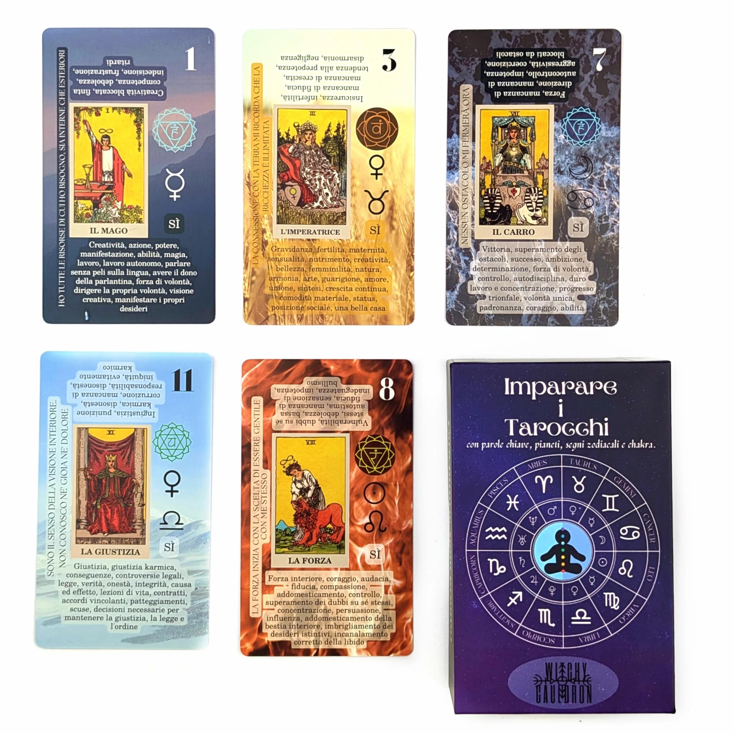 Witchy Cauldron Imparare i Tarocchi con parole chiave pianeti segni zodiacali chakra