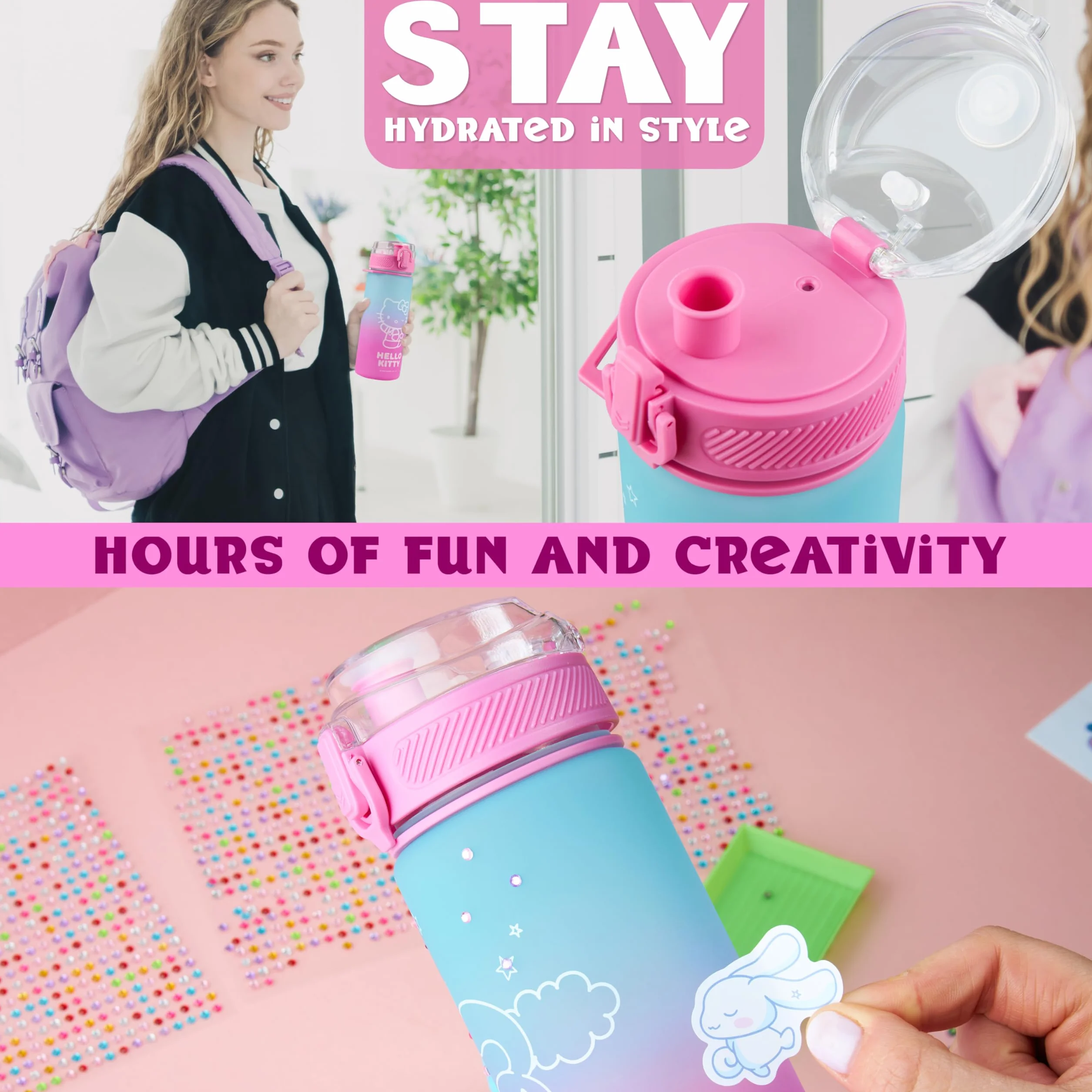 Get Trend Hello Kitty Sanrio Cinnamoroll Kit Creativo Bambina DIY Borraccia da Decorare Bambina, 550ml Senza BPA Tappo Ribaltabile a Prova di Perdite, Gemme Artigianali (Multi Cinamonroll)