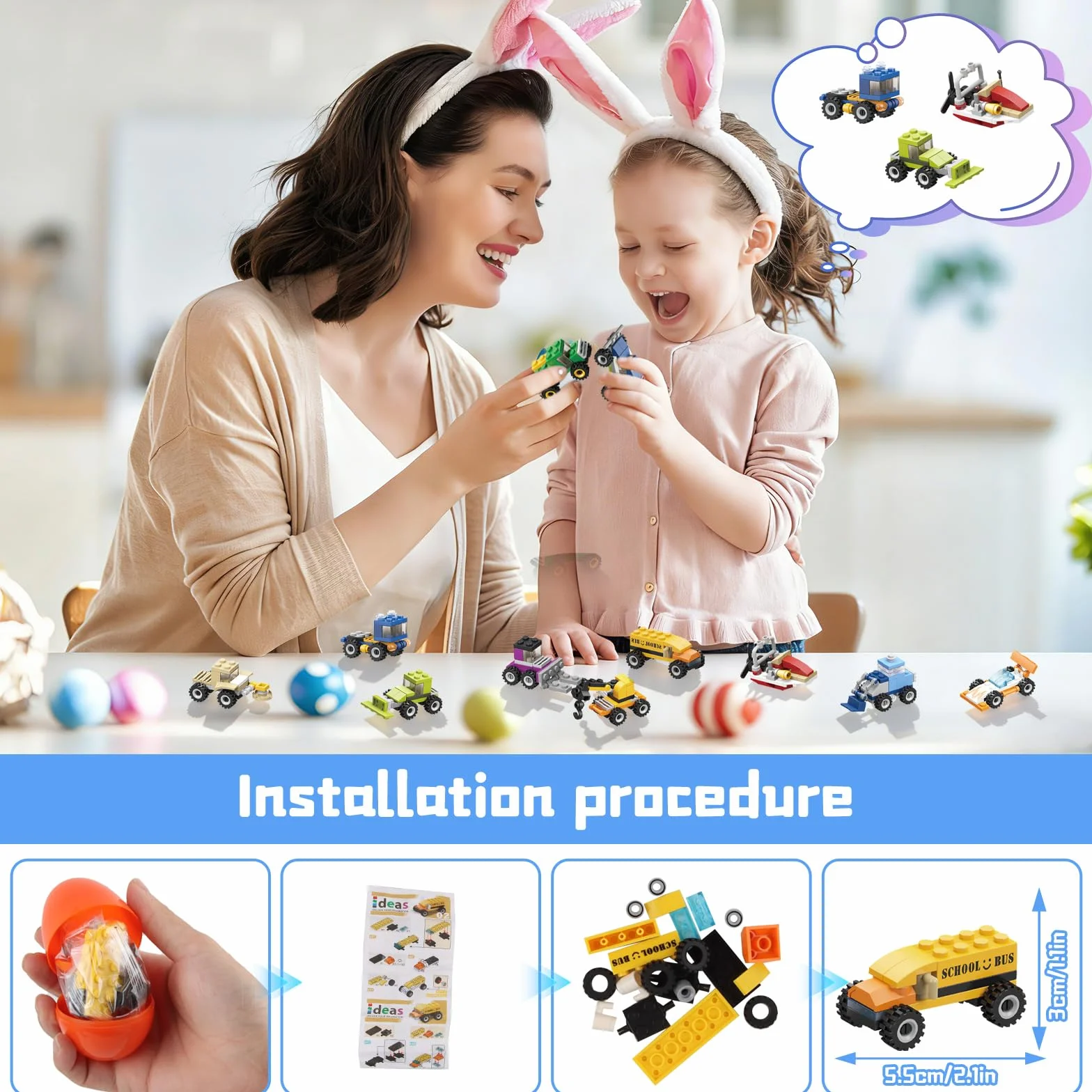 dellyy 12 Pezzi Easter Eggs Bambini, Regalo Pasqua Bambini, Uovo di Pasqua con Blocchi da Costruzione di Auto, Idee Regalo Pasqua, Uova Giocattolo per Bambini, per Caccia alle Uova (Veicoli)