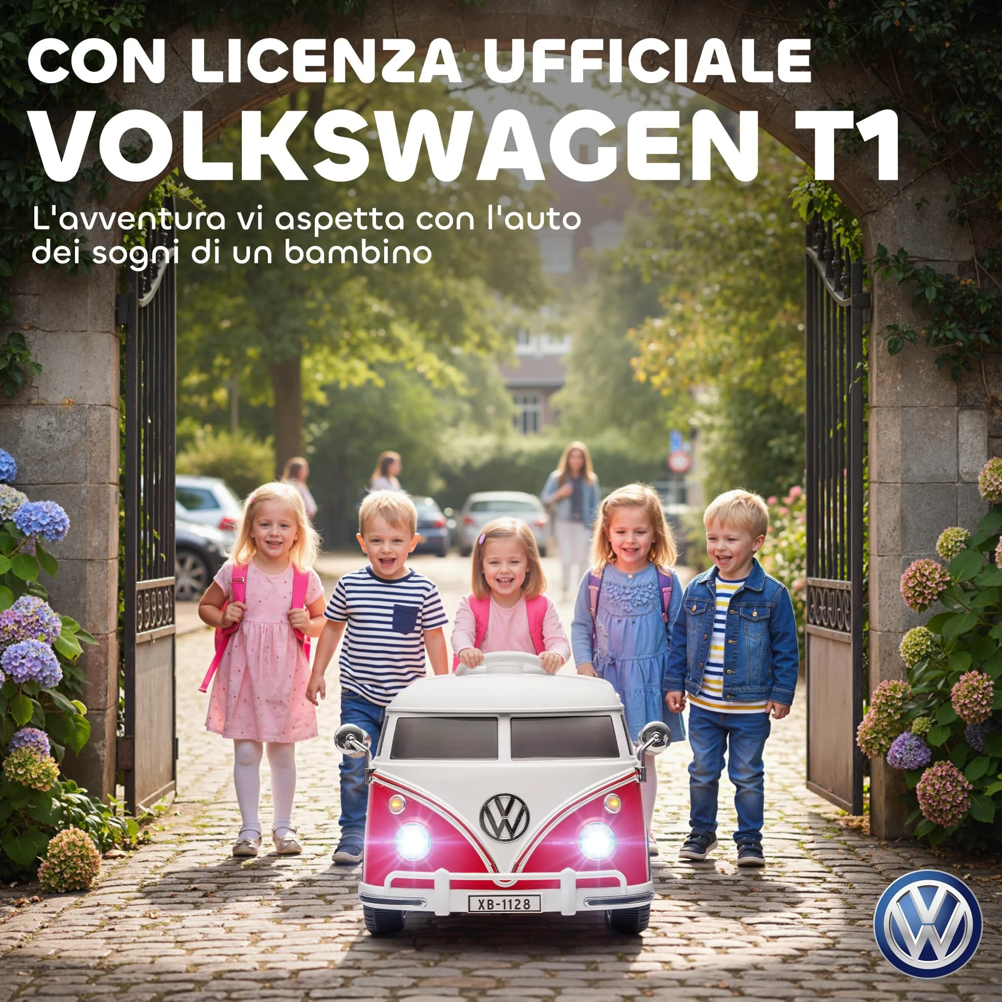 AIYAPLAY Macchina Elettrica per Bambini 3-7 Anni Volkswagen T1, 12V, Rosso | 3-8km/h, Auto Elettrica per Bambini con 2 Motori, Sospensioni, Partenza Lento, Musica, Fari e Clacson