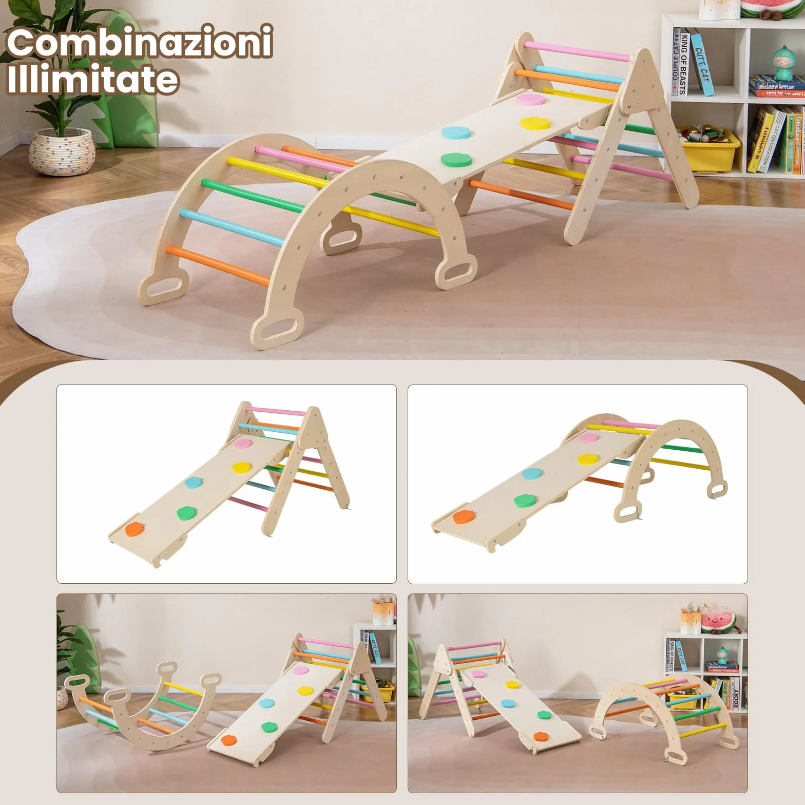 RELAX4LIFE 4 in 1 Triangolo da Arrampicata con Scivolo per Bambini, Arco da Arrampicata e Scala per Arrampicarsi in Legno, Montessori Giocattoli Bimbi 2 3 4 5 Anni (Colorato)