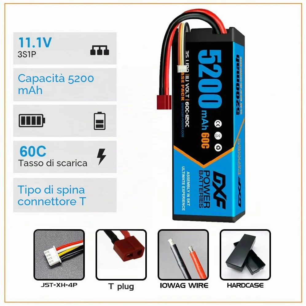 DXF Confezione da 2 confezioni da 3 batterie lipo 5200 mAh, 11,1 V, 60C, con spina Deans/T– lipo 3s perfetto per auto rc, aereo, elicottero, camion 3s lipo ideale per veicoli 1/8 e 1/10 come Tamiya