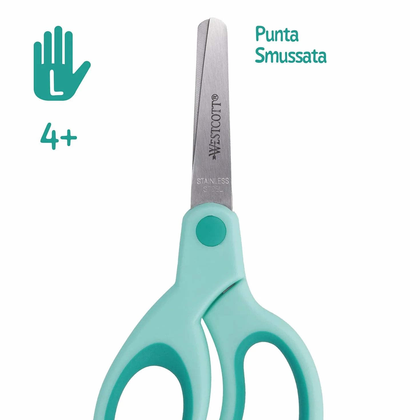 Westcott Forbici per bambini Softgrip turchese per mancini | Impugnatura ergonomica per bambini in età prescolare | 13 cm (5") ideali per le mani dei bambini | Punta arrotondata | E-21586 00